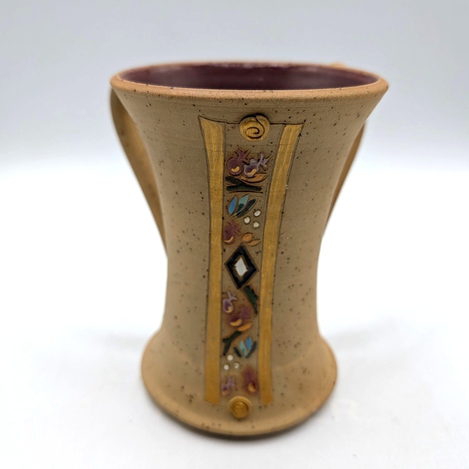 Hand-Thrown Studio Art Pottery Vase w/ Handles & Decorative Panel down the cente
