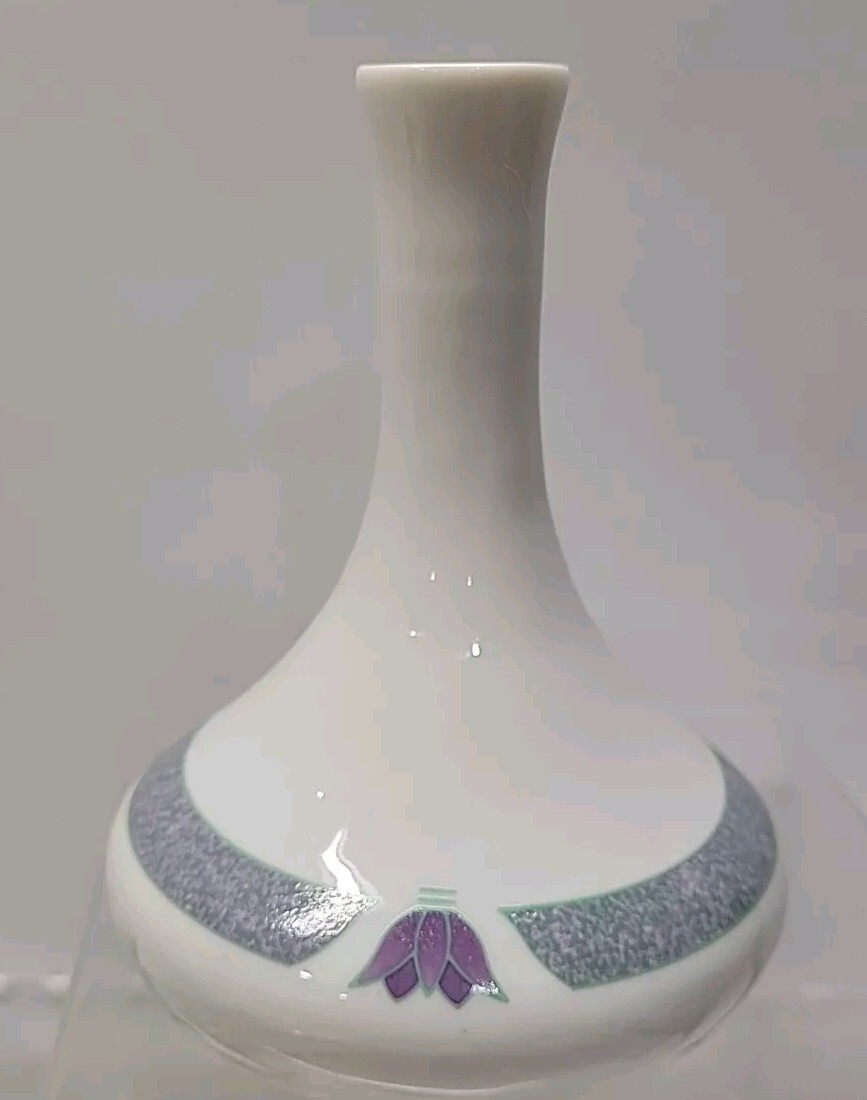 Bud Vase White Porcelain With Green & Purple Accents 4.75 Inches Tall