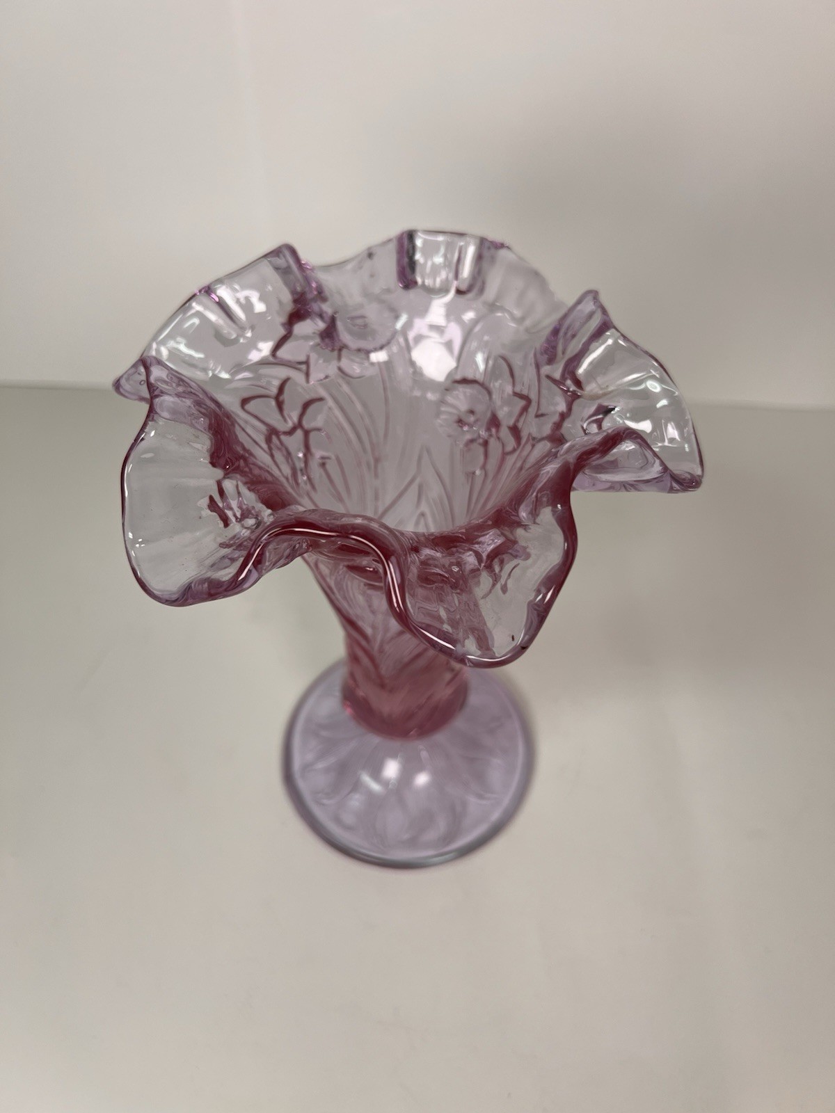 Fenton Daffodil Vase Cranberry Pink Footed Vase Embossed Floral Design ruffled