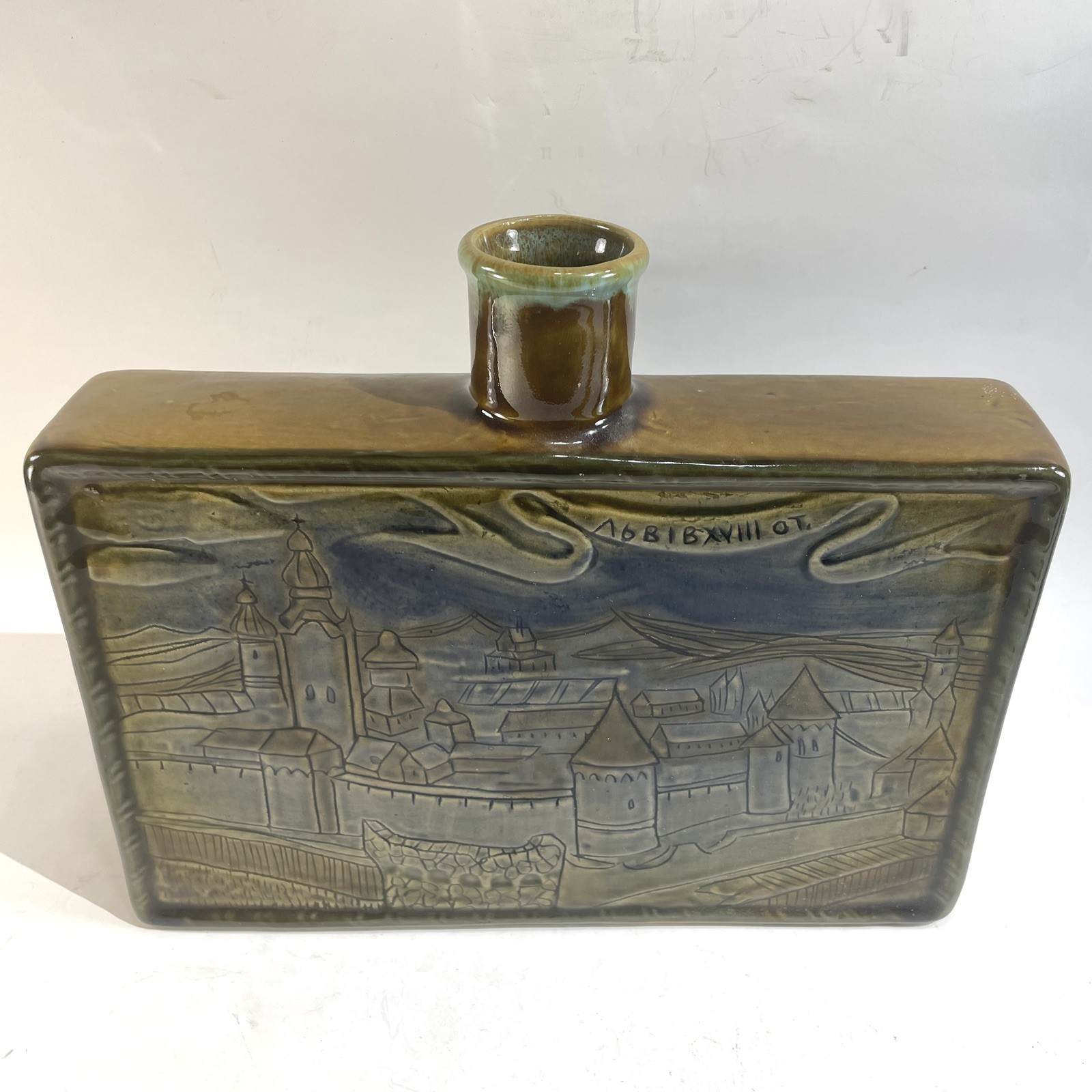 Vintage Lviv Ukrain Winged Lion Ceramic Art Studio Pottery Flask Bottle Decanter