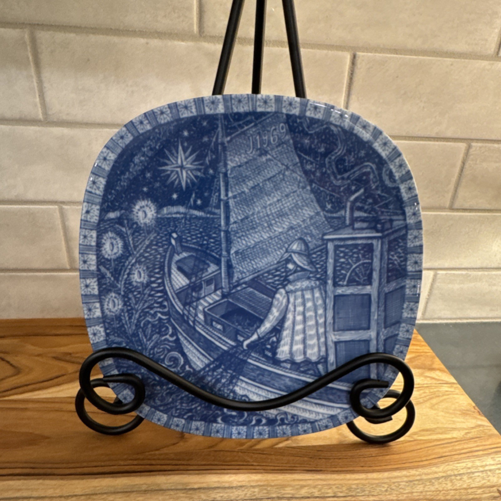 Rörstrand 1969 Swedish Blue Porcelain Collector Plate Square Vintage 7.5 inches