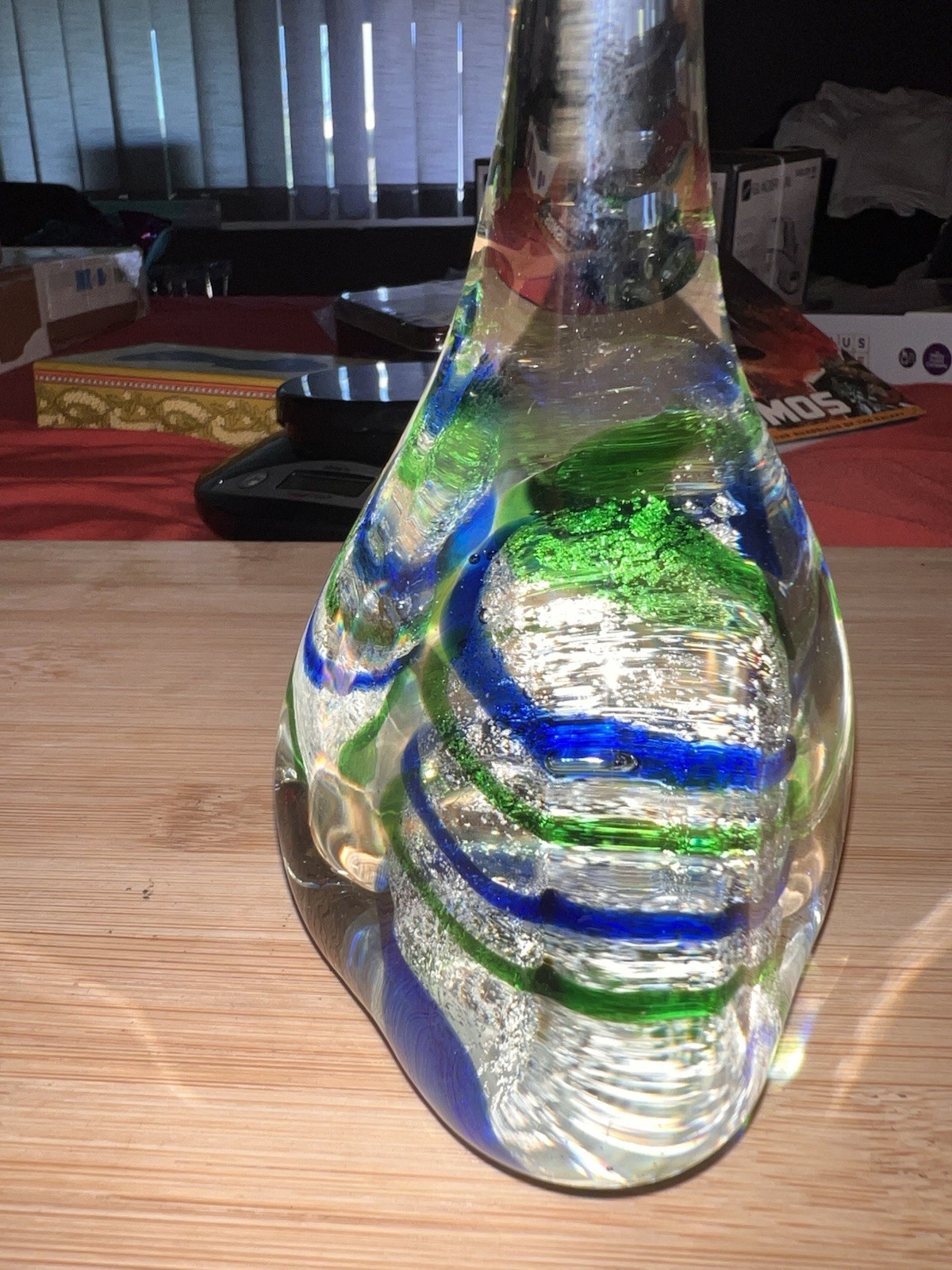 Hand Blown Art Glass Sculpture Abstract Blue Green Clear 3D Effect 6.5 in