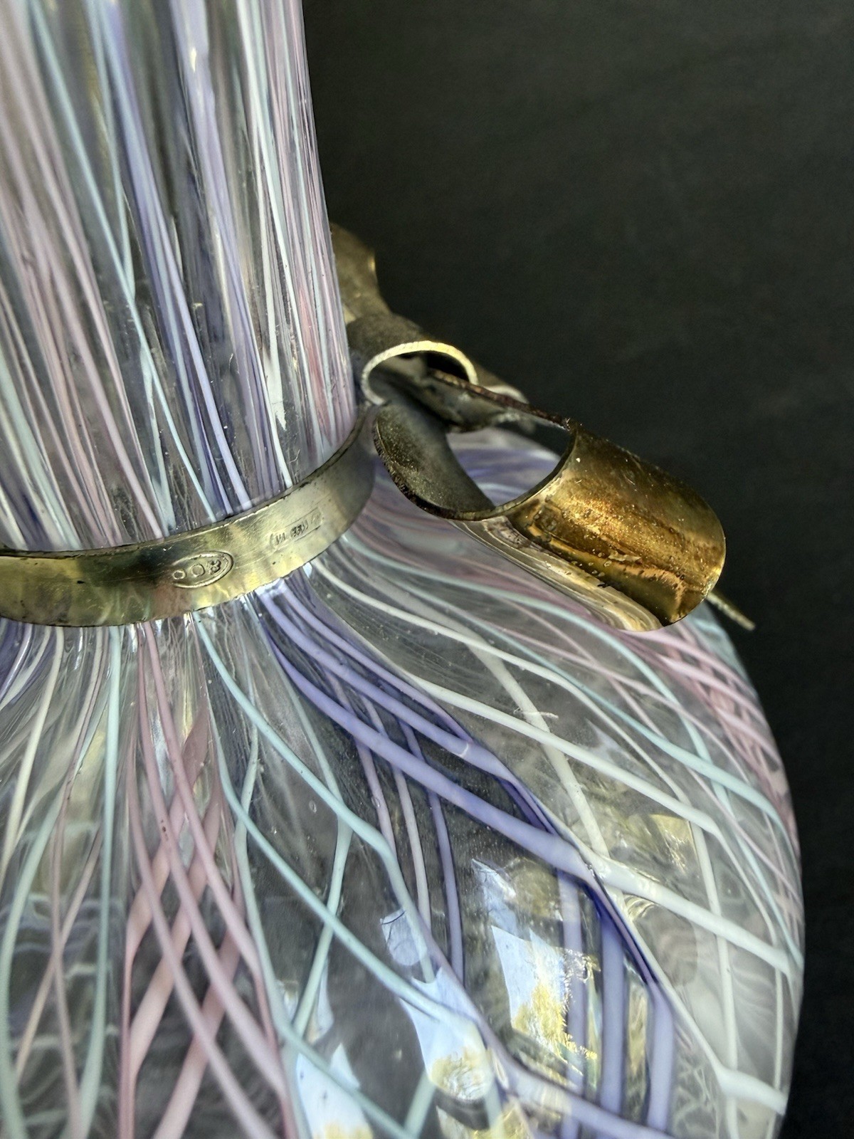 Vtg Murano Latticino Lace Ribbon Art Glass Pitcher w/ 800 Continental Silver Bow