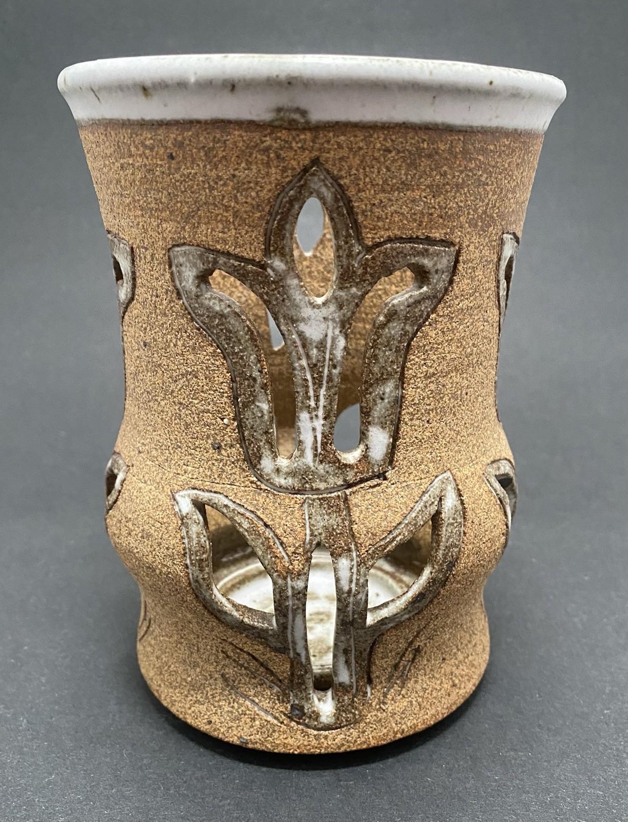 Studio Pottery Signed Mary Alice Cut Out Tulips Candle Holder Vintage MCM 1965