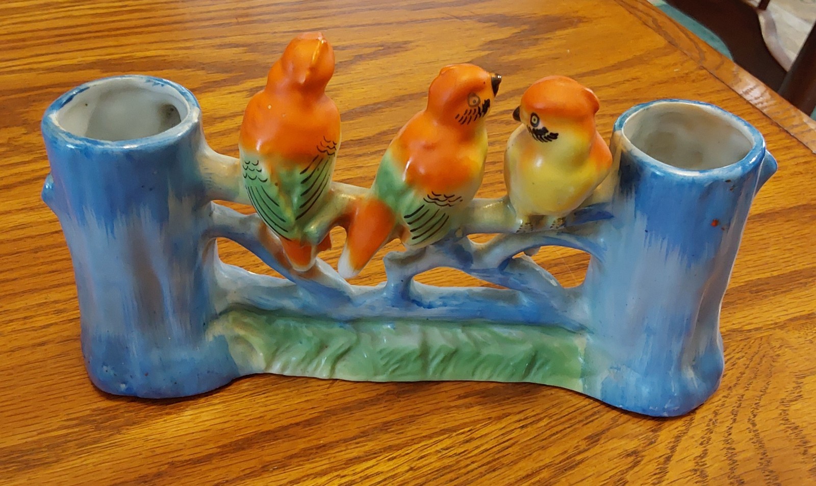 Vintage Japan Pottery Parakeets Between Blue Tree Trunks Double-Sided Vase
