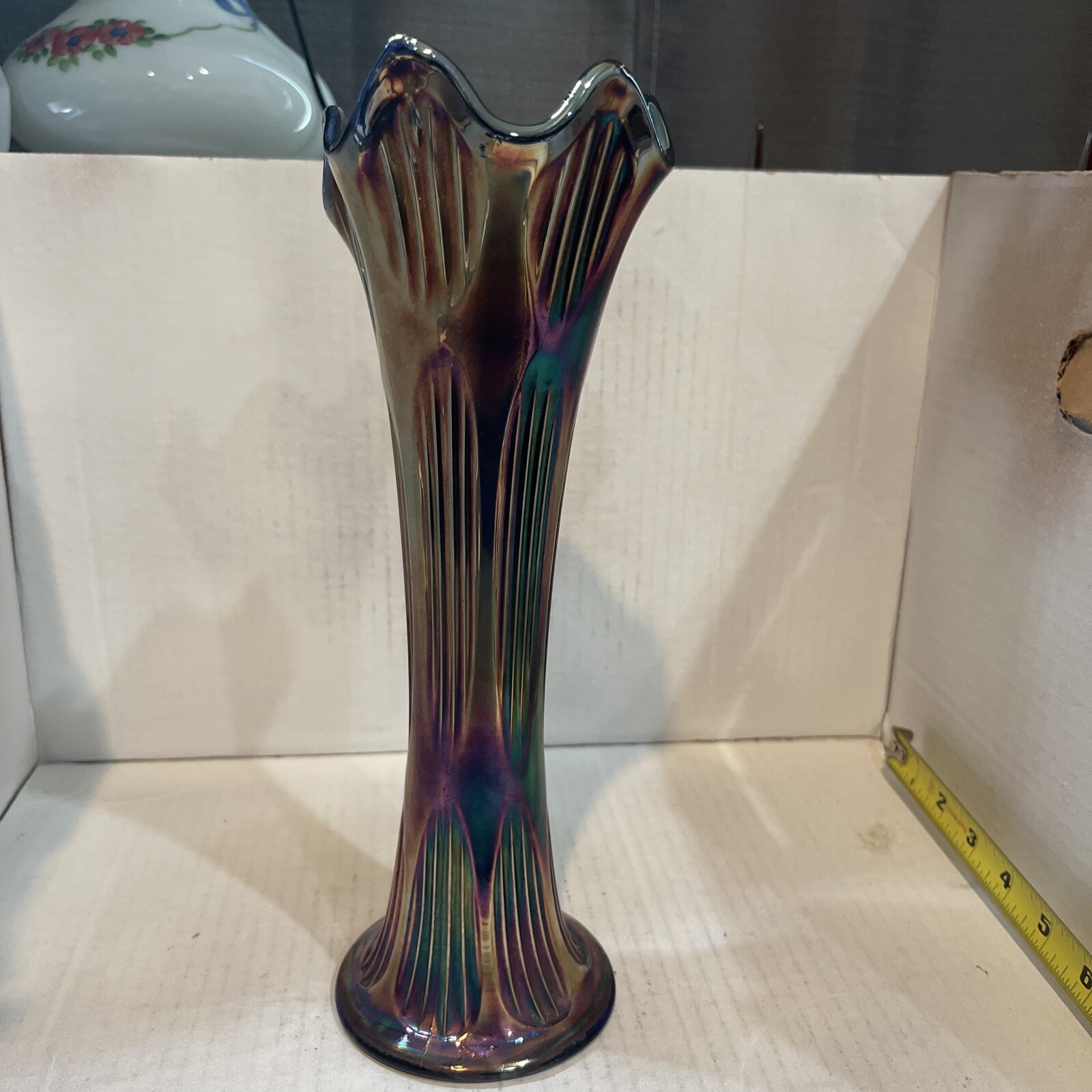 Vintage Fenton Diamond & Rib Cobalt Blue Carnival Glass Swung Vase Apprx 10 3/4”