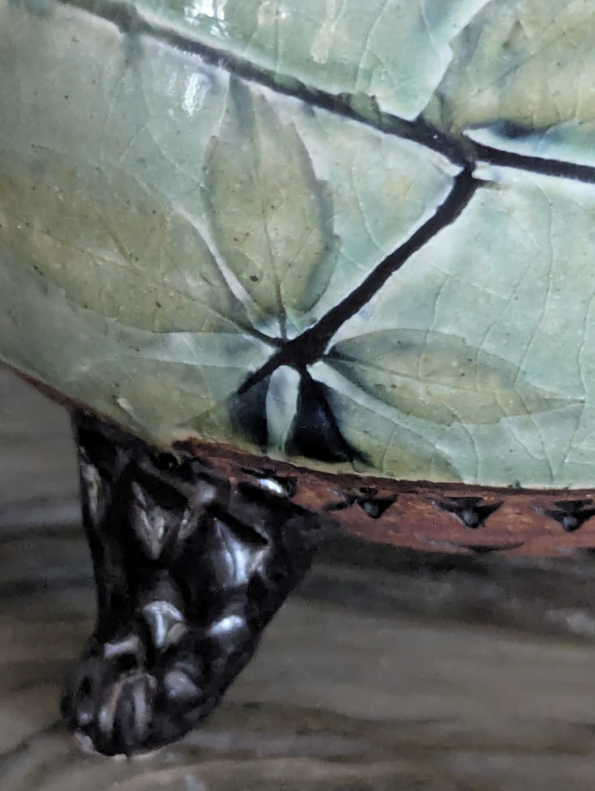 Suzanne Crane Studio Pottery Sculptural Vessel Celadon Leaf Ceramic Basket 10″