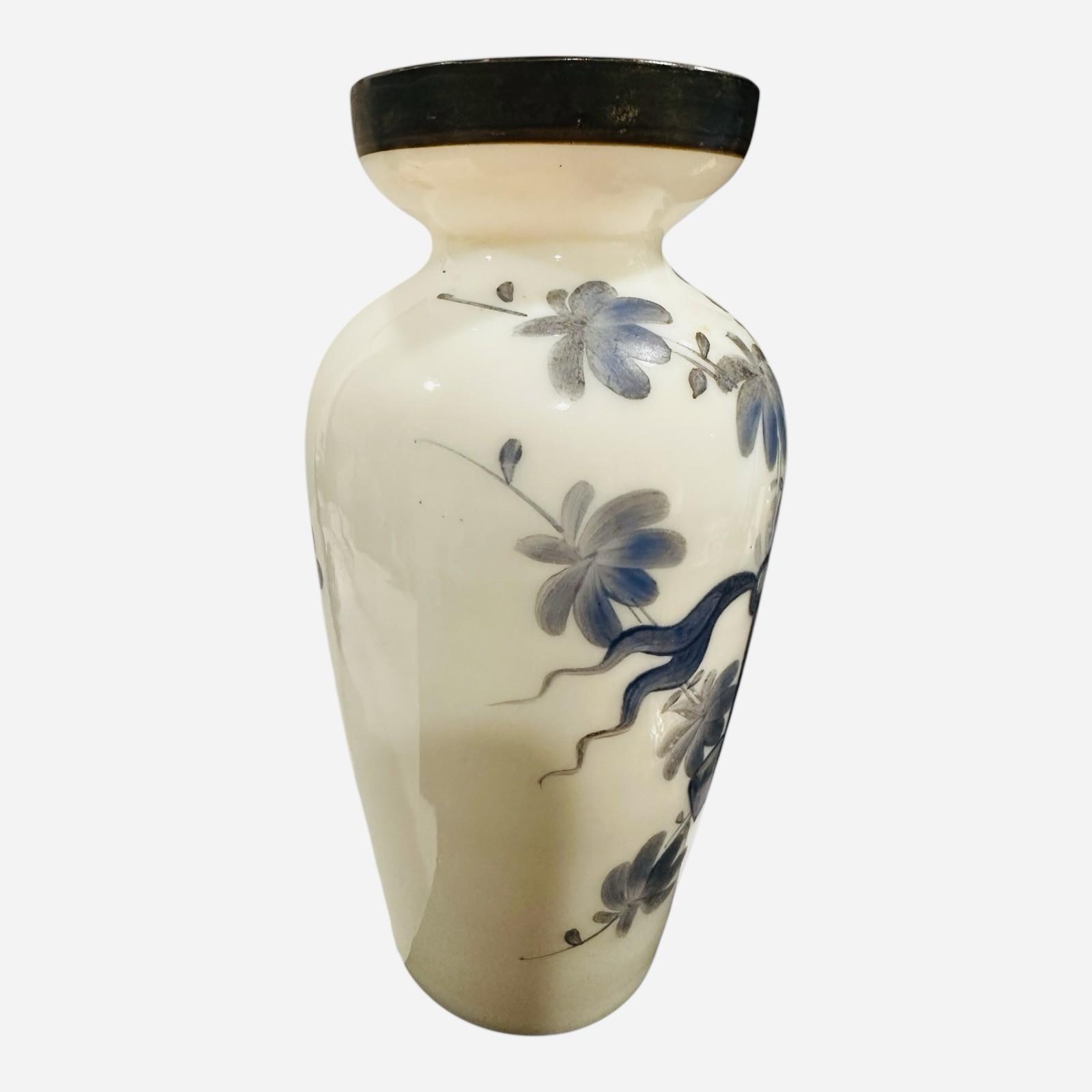 Milk Glass Hand Painted Blue/White/Gold Asian Vase 7 3/4” FREE SHIPPING