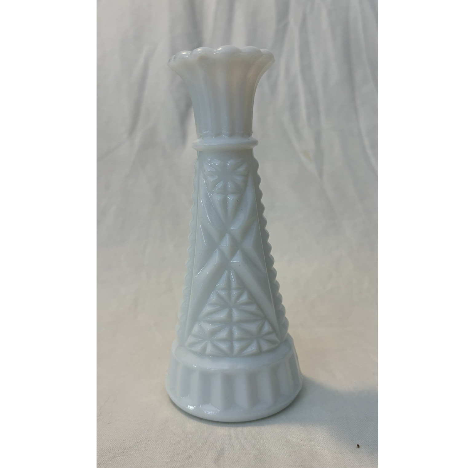 White Milk Glass Geometric Bud Vase 9 in Textured Decorative Glossy Finish