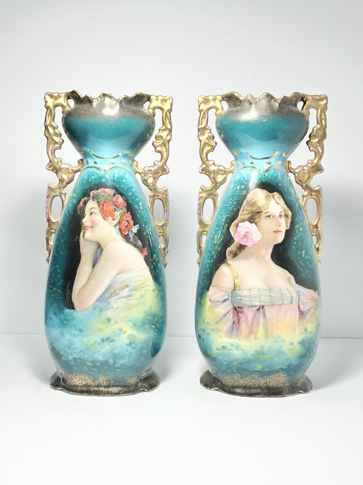 1890s Victoria Carlsbad Austria Art Nouveau 2 Art Nouveau Portrait Vases 11 5/8”