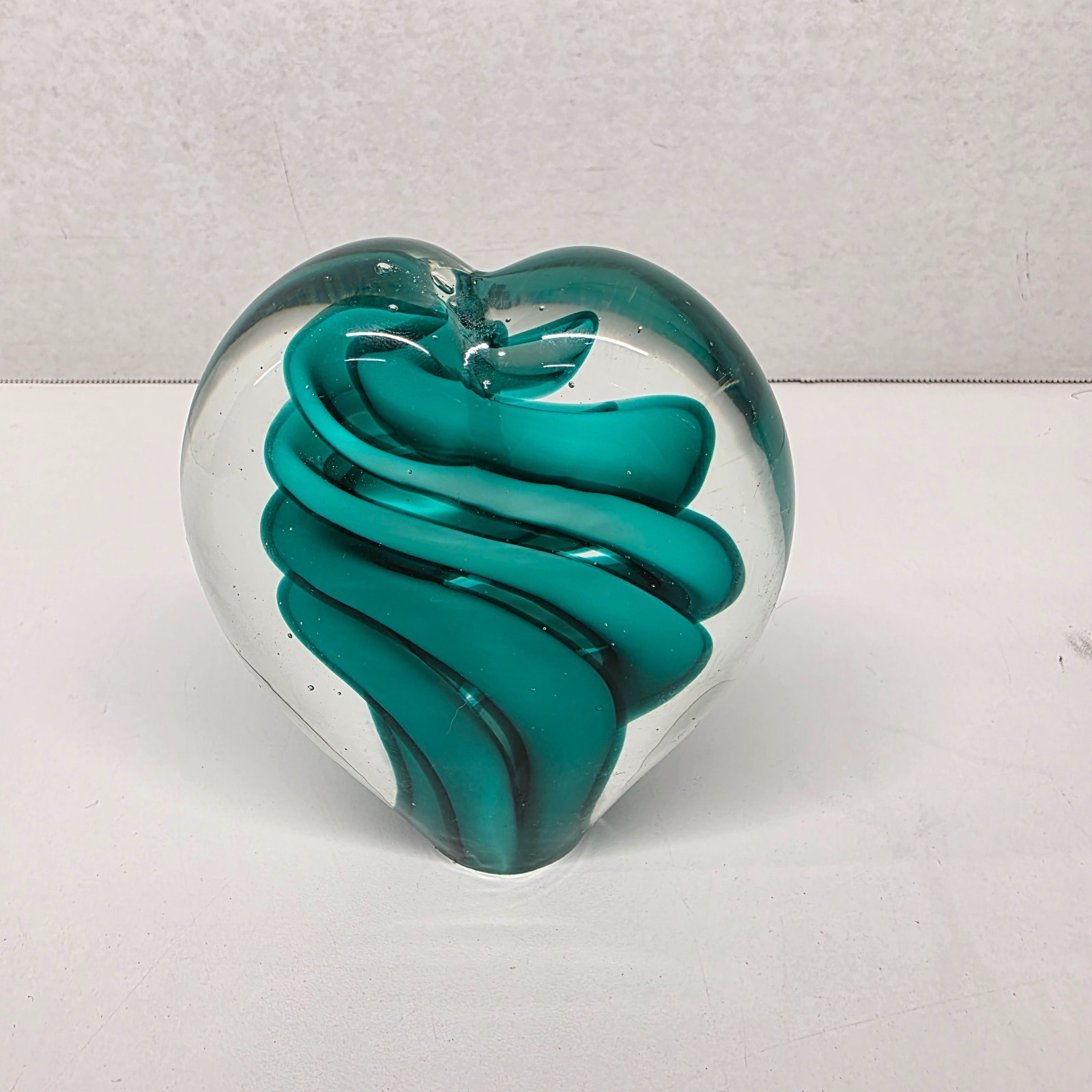 Hand Blown Art Glass Heart Paperweight Green Spiral in Clear Glass 2lbs 3.8oz
