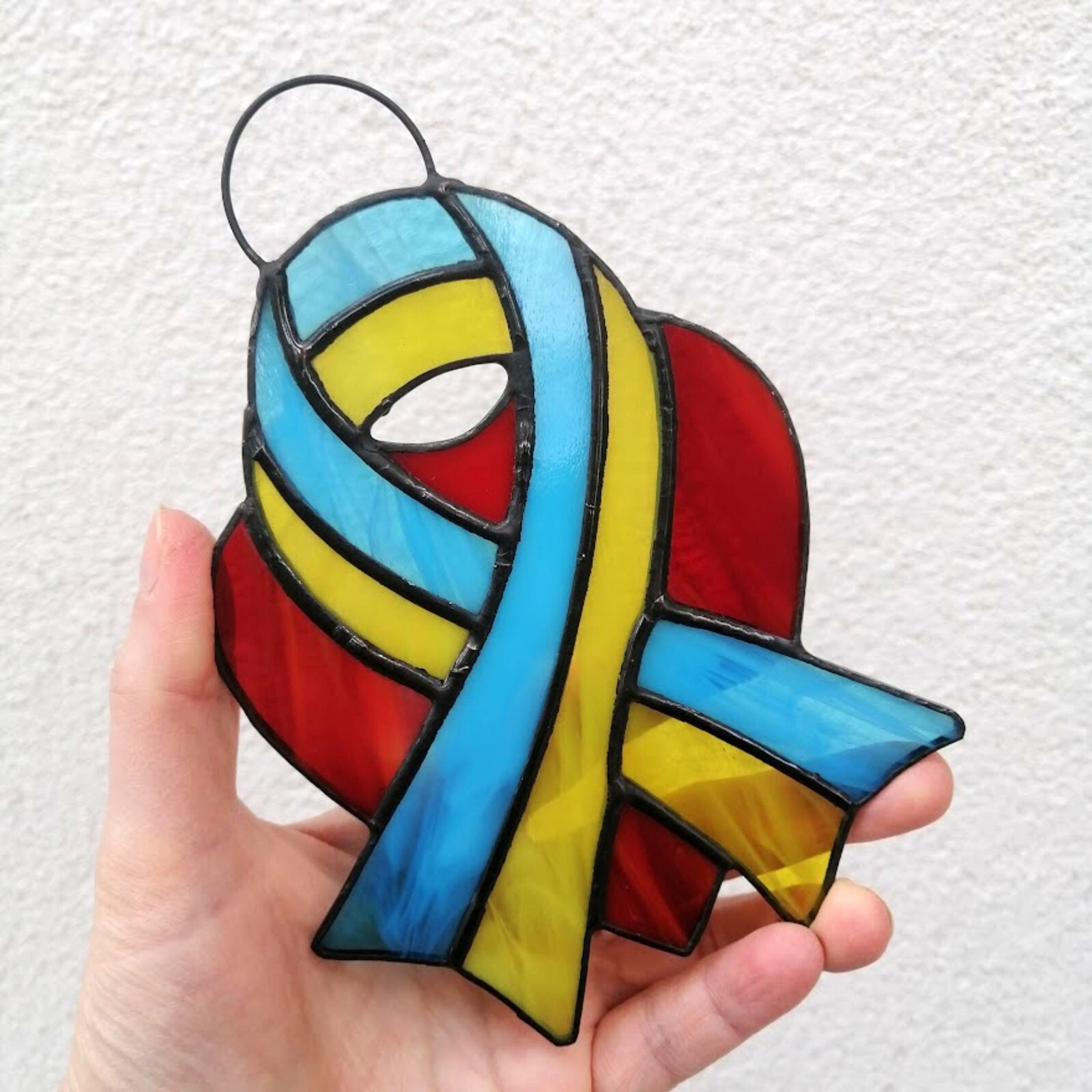 Ukraine Flag Ribbon Red Heart Stained Glass Suncatcher – Ukrainian Window Panel