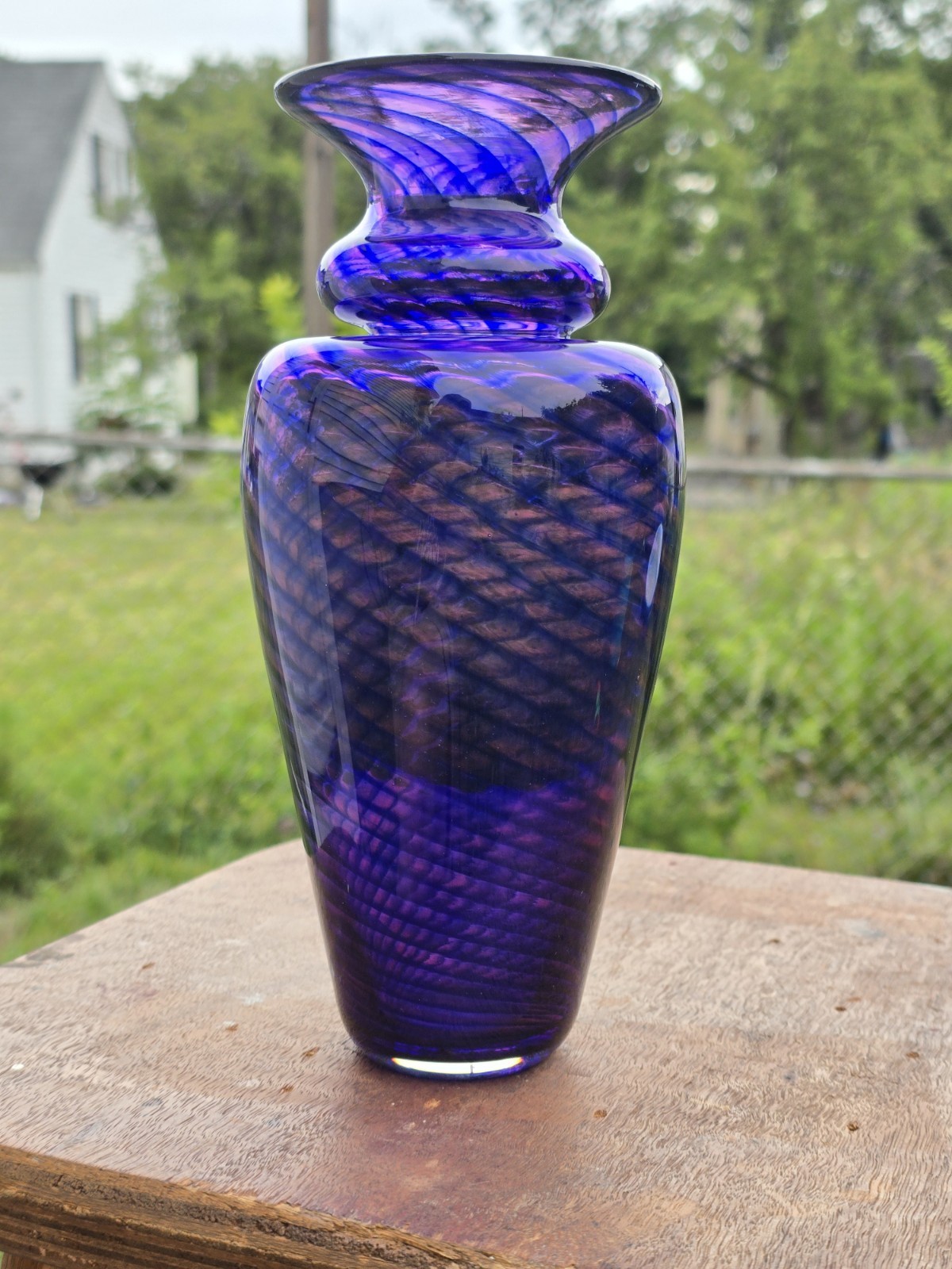 Young & Constantin Signed Art Glass Vase Purple Blue Swirl Hand Blown 9″ Studio