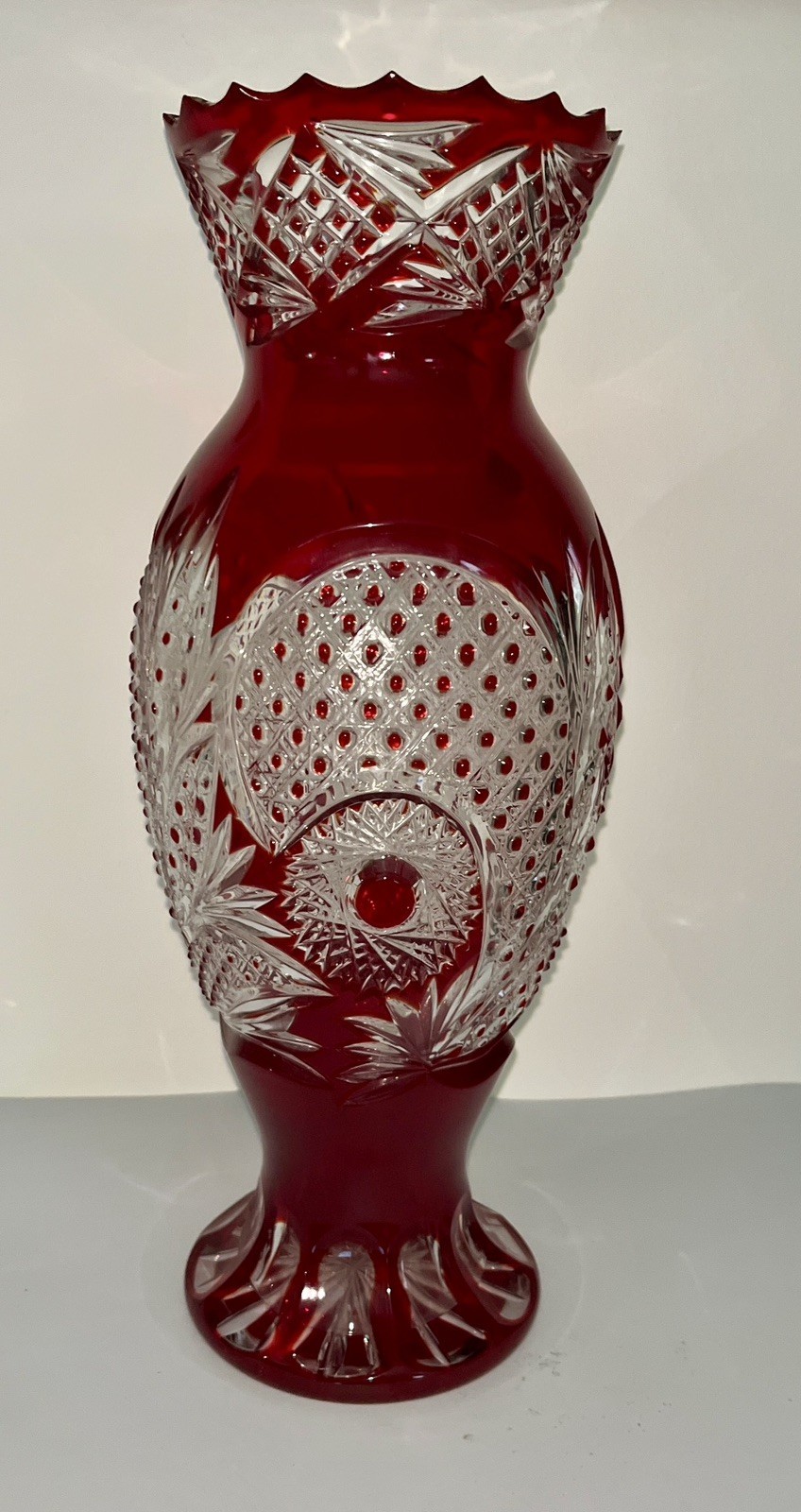 Vintage Gus Khrustalny Russian Ruby Red Cut To Clear Crystal Vase 15 1/4″ Tall