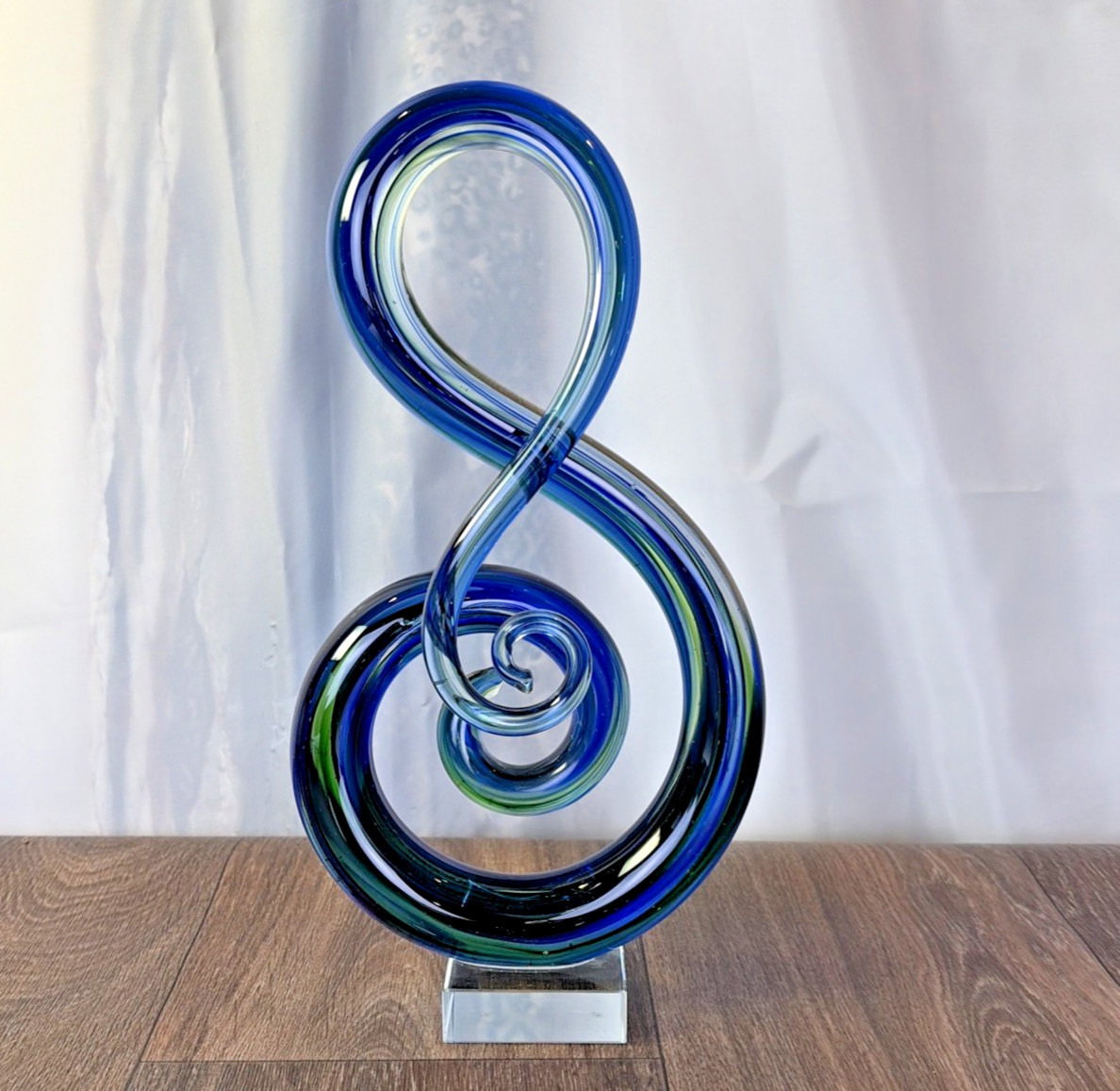 Lg 12″ Hand Blown Blue Murano Style Art Glass Sculpture Music Note Treble Clef