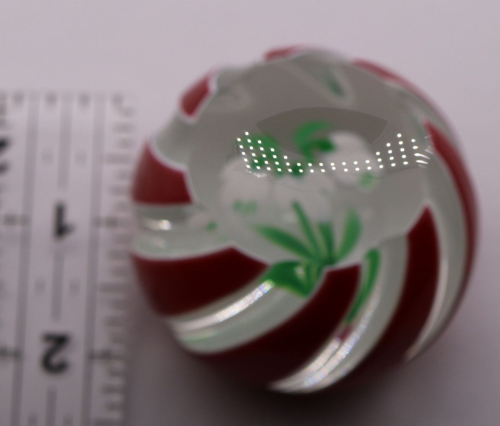 Perthshire Paperweight 2.25″ Snowdrop Flowers Encased In Clear & Red Spiral