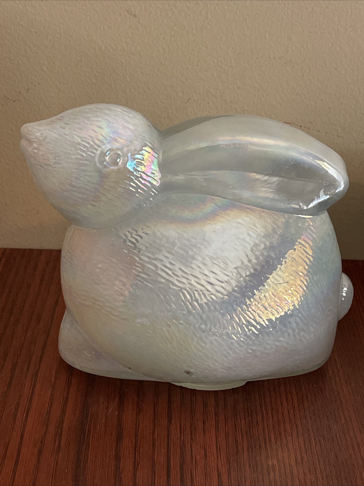 Iridescent White Glass Bunny Paperweight? Made in India 5” X 6.5”
