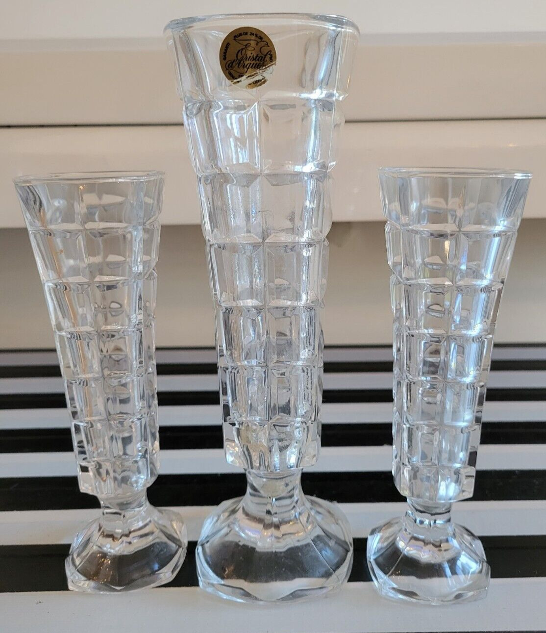 3 CRYSTAL D ARQUES DURAND BOX CUT CRYSTAL FLOWER VASES ONE LARGE AND 2 SMALL