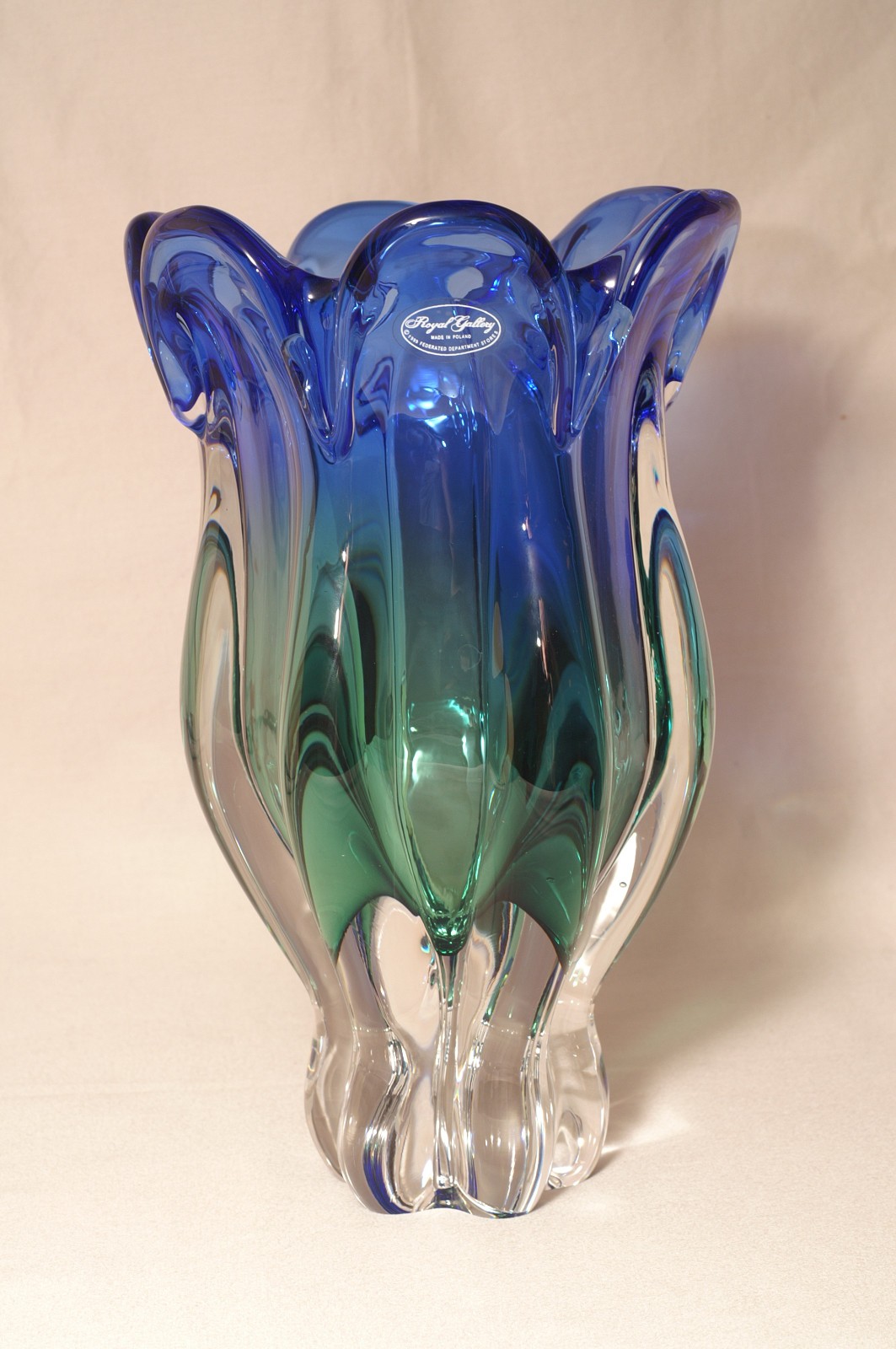 Royal Gallery Poland Blue and Green Tulip Shape Crystal Glass Vase Excellent
