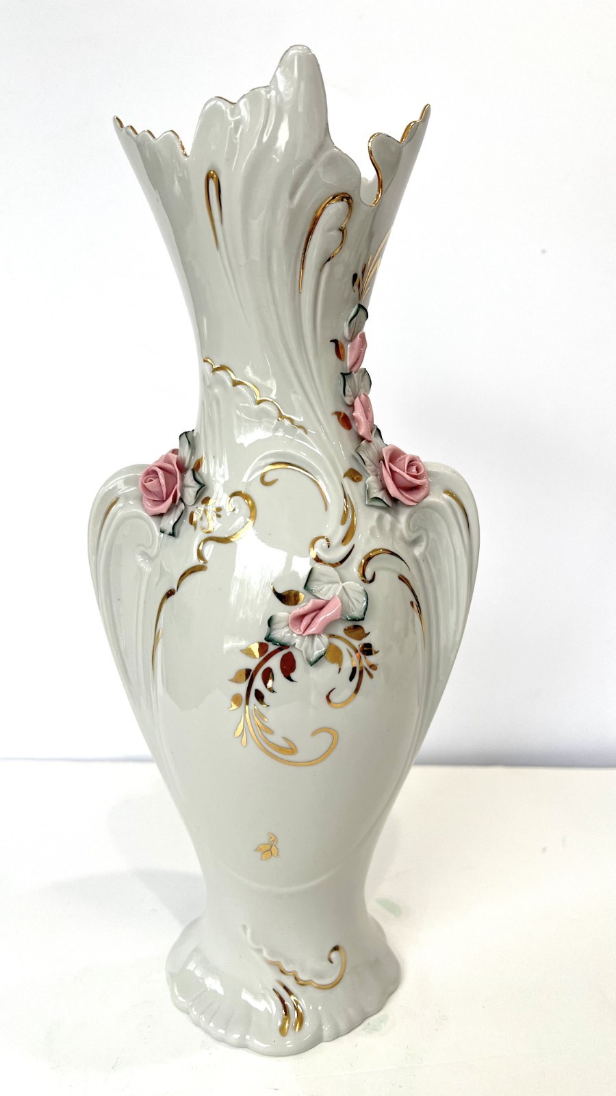 Glazur Ukraine Handmade Porcelain Vase 12.5″ H Gold Trim Pink Roses Mint EUC