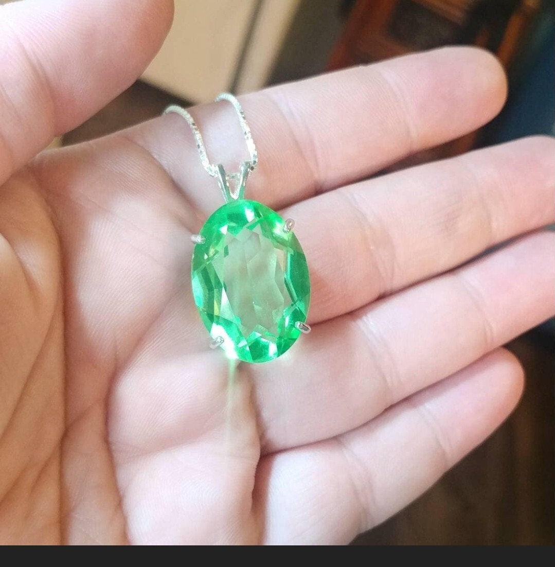 Large Sterling Uranium Glass Necklace Green Pendant Green 925 Silver