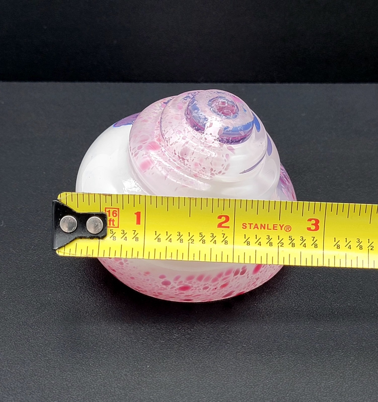Art Glass White Mould Blown Cut Glass Pink Spatter 1980’s Small Paperweight 2.5″