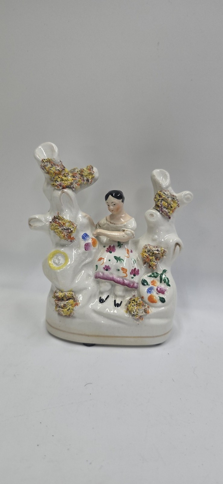 Vtg staffordshire Porcelain Figurine Spill Vase Woman Floral Hand Painted Glazed