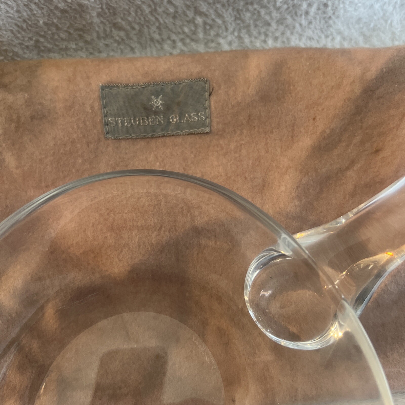RARE Steuben Art Glass Handled Nut Dish Designed by Lloyd Atkins With Pouch