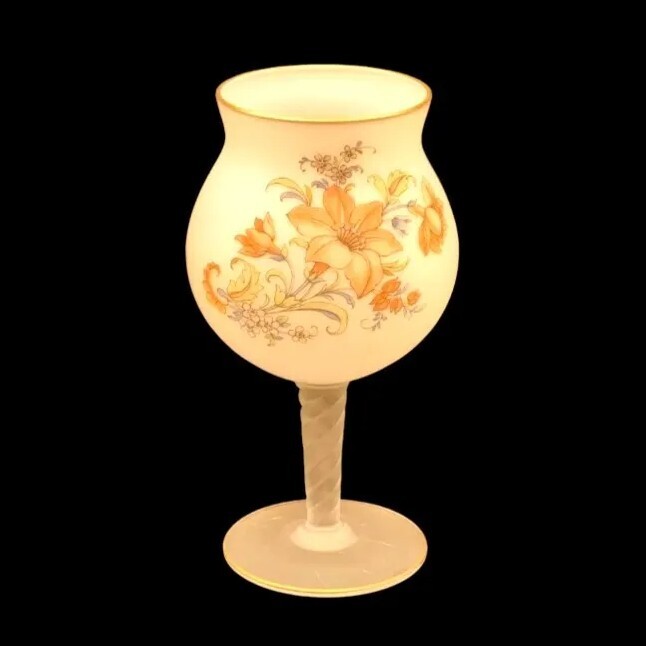 Hand Painted Candle Holder White Satin Glass Gold Trim Stemmed By Norleans Italy