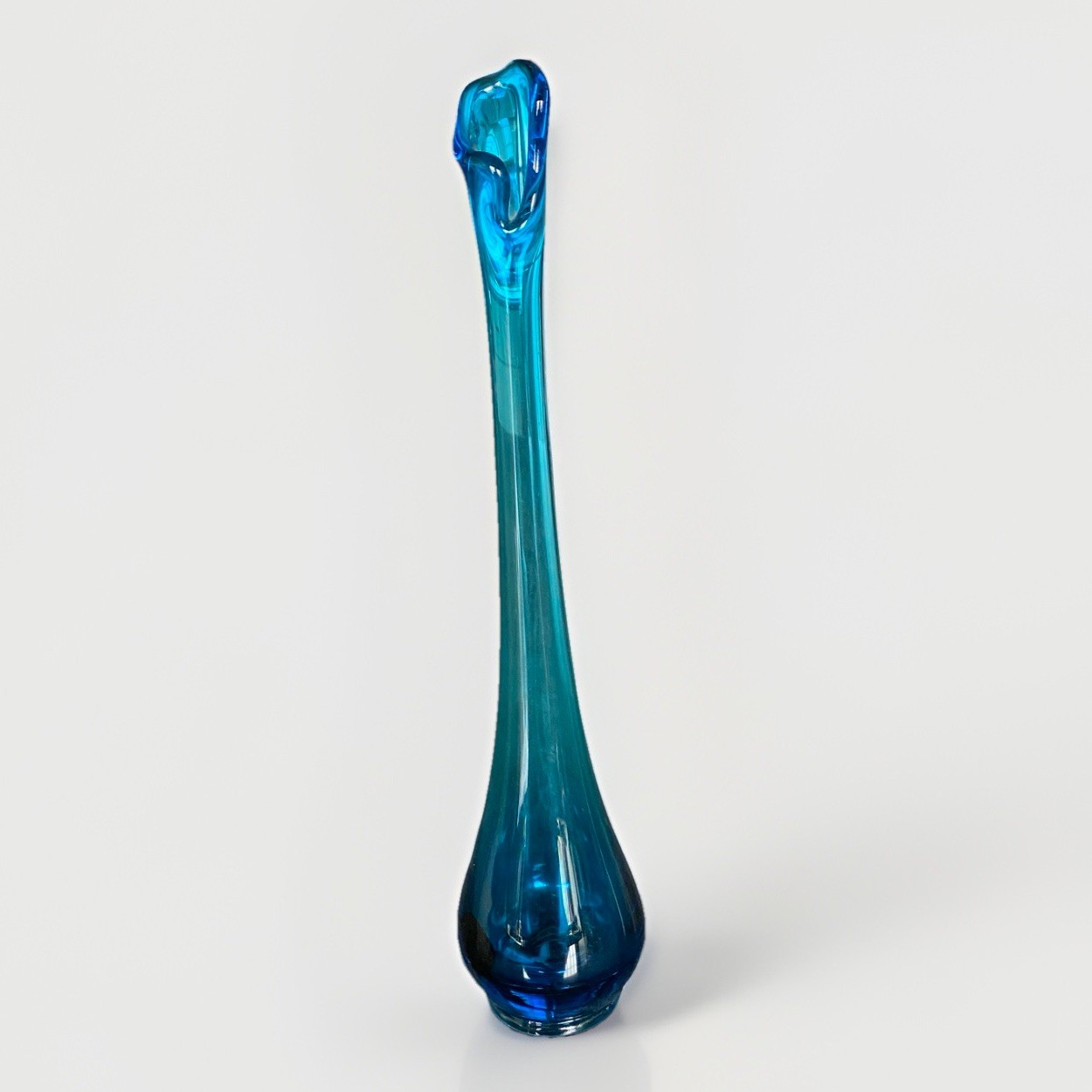 Vintage Blue Glass MCM 11” Blunique? Swung Stretch Bud Vase Mid Century Smooth