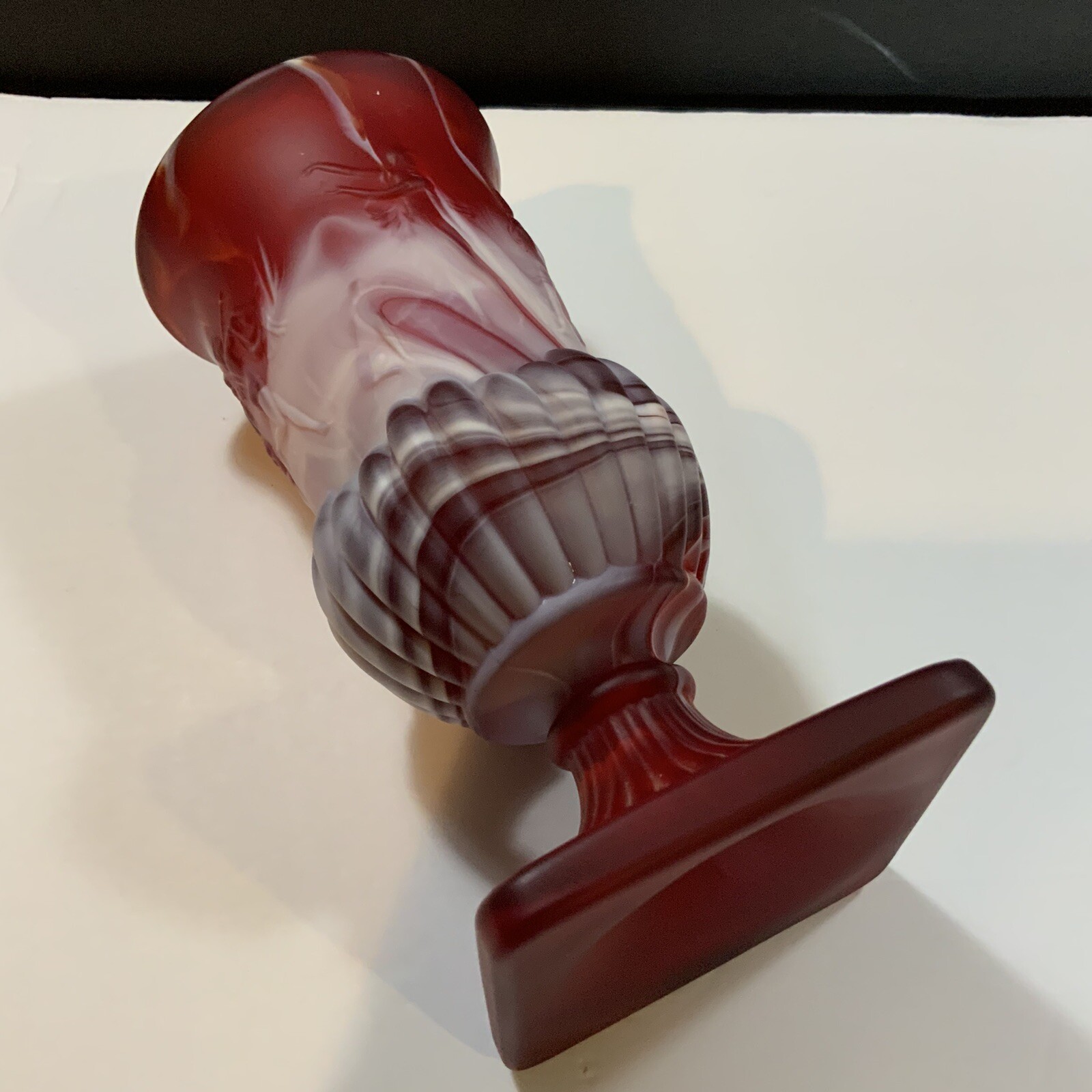 Vintage Imperial Slag Glass Red White Vase Square Base 8 1/2 in Tall READ