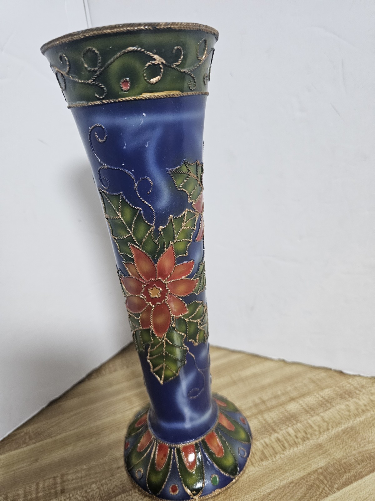 Margie’s Garden Cobalt Blue Ceramic Vase Hand Painted Poinsettia Enamel Gold