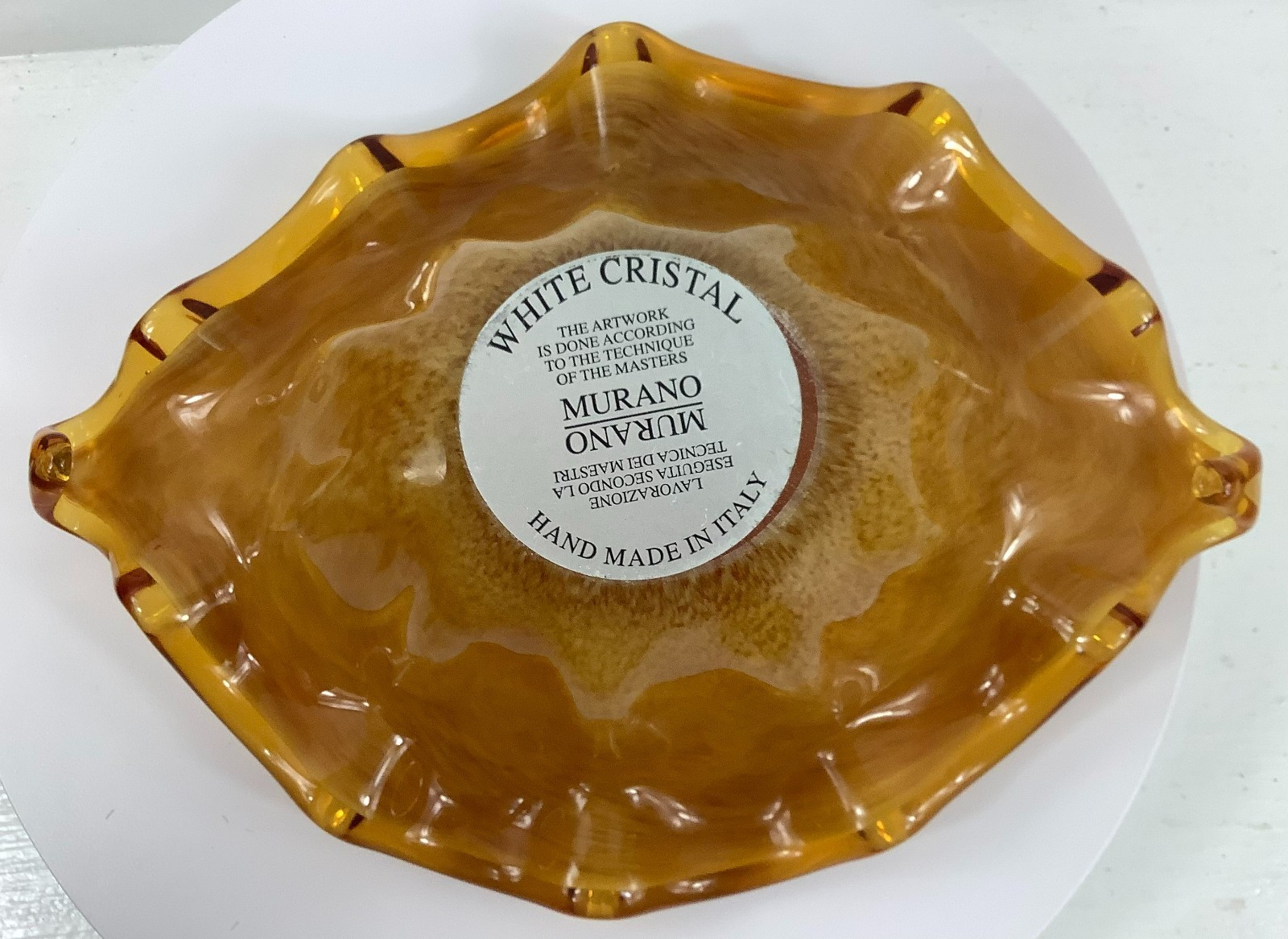Murano White Cristal Bowl Art Glass Sculpture Artwork Made in Italy 10.75x8x3.25