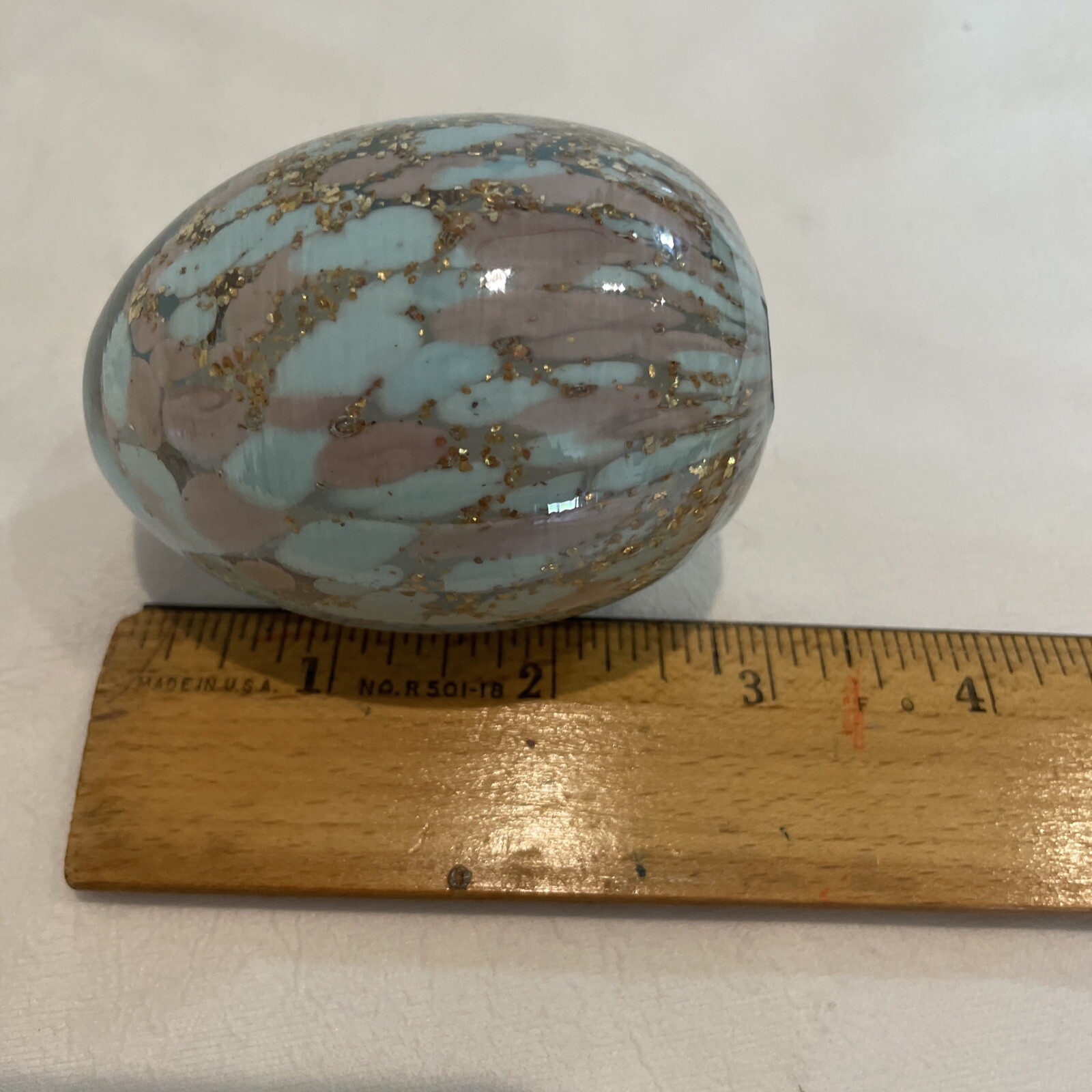 Murano Art Style Glass Egg Aqua & Brown with Gold Glitter Paperweight 3″ 8 Oz