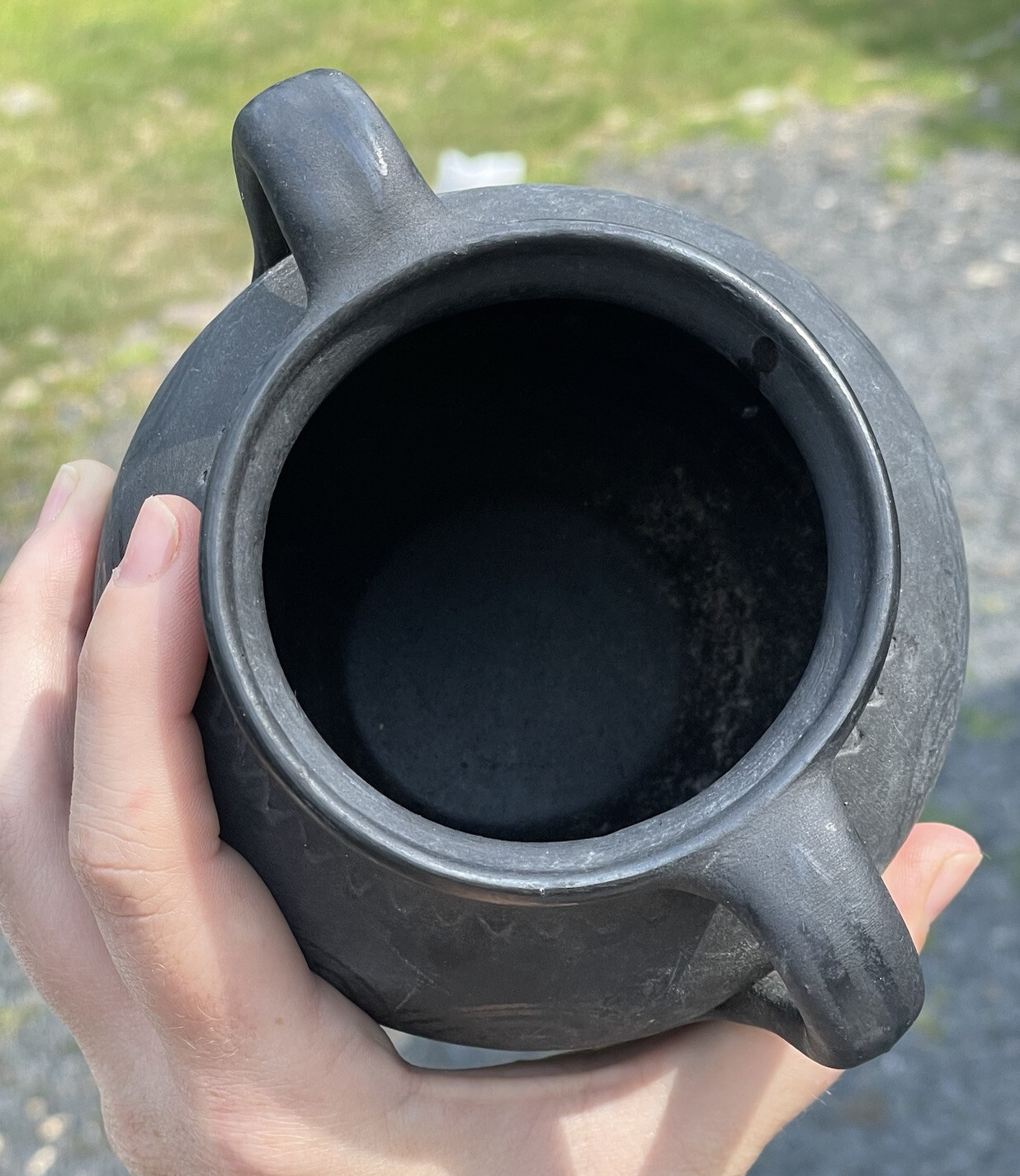 Vintage 20th C. Black on Blackware Pottery Romania Folk Art Two Handled Vase