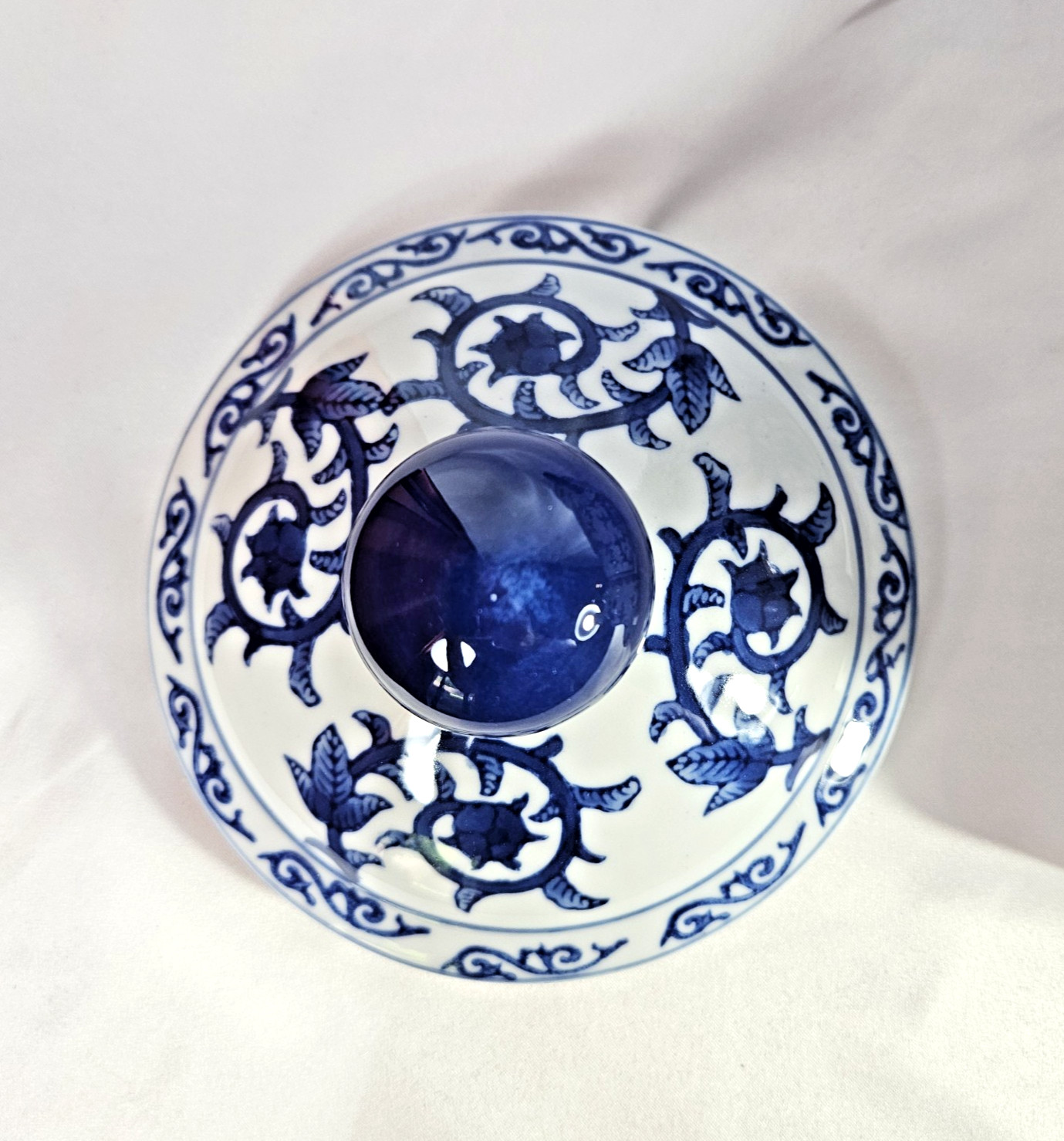 Vintage Bombay Company Blue and White Ceramic Ginger Jar Urn w/ Handles Feet Lid