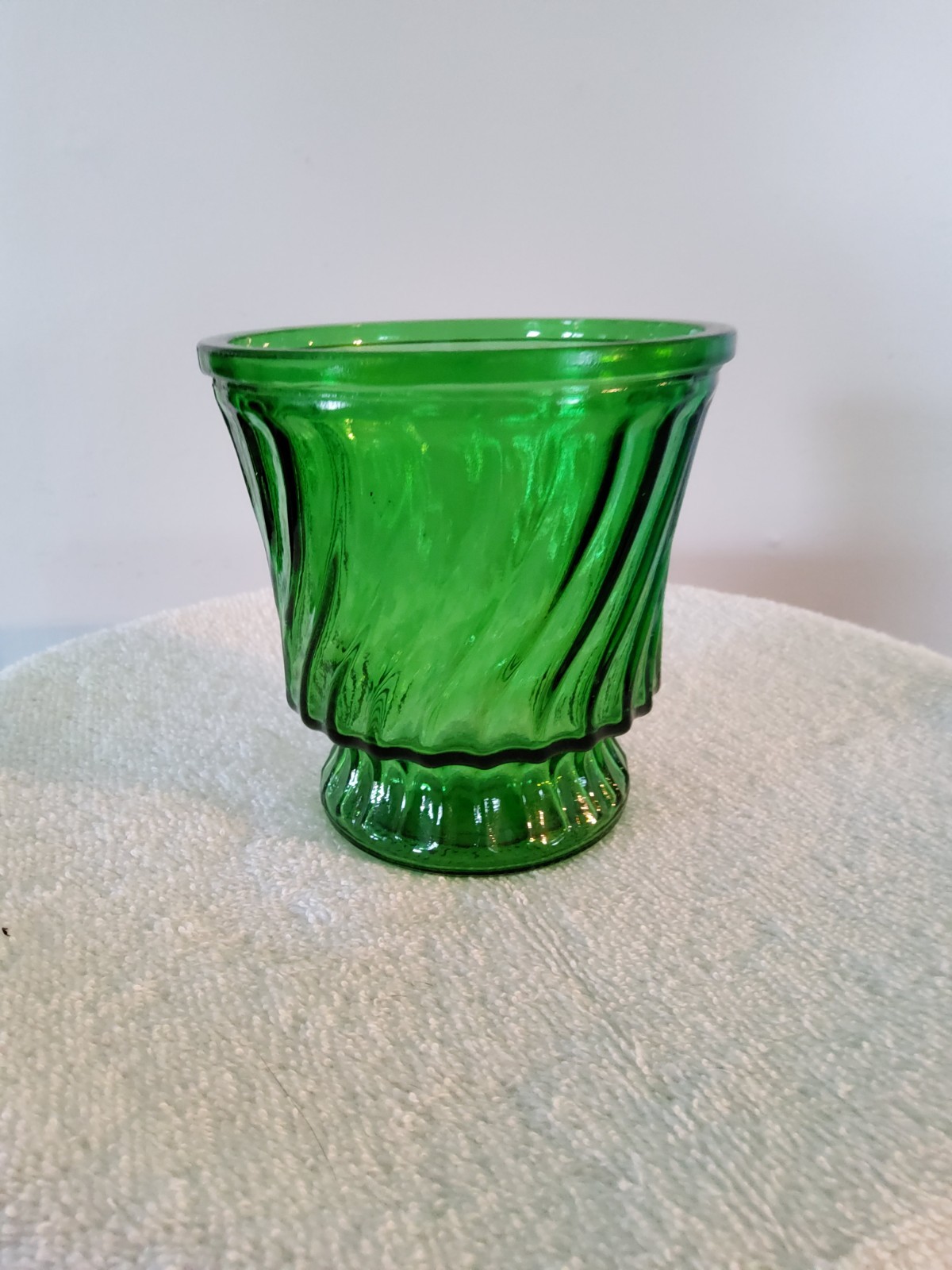 Emerald Green Glass Ribbed Footed Planter or Flower Vase