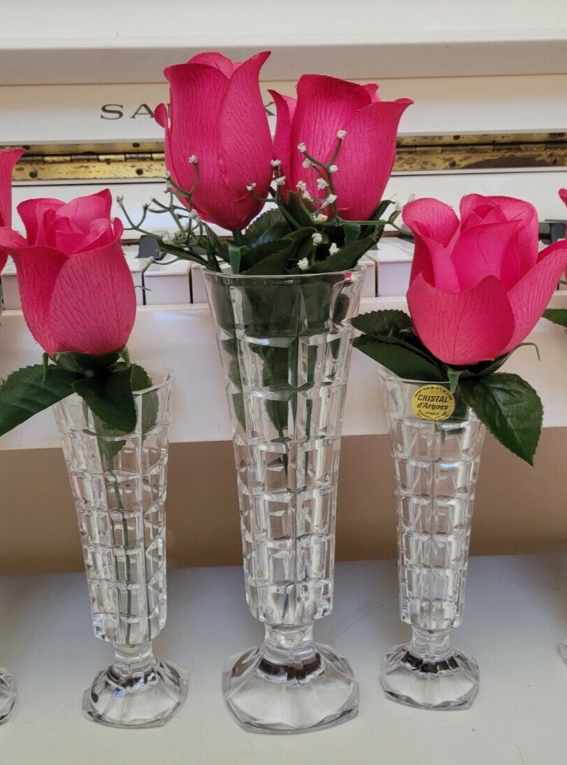 3 CRYSTAL D ARQUES DURAND BOX CUT CRYSTAL FLOWER VASES ONE LARGE AND 2 SMALL
