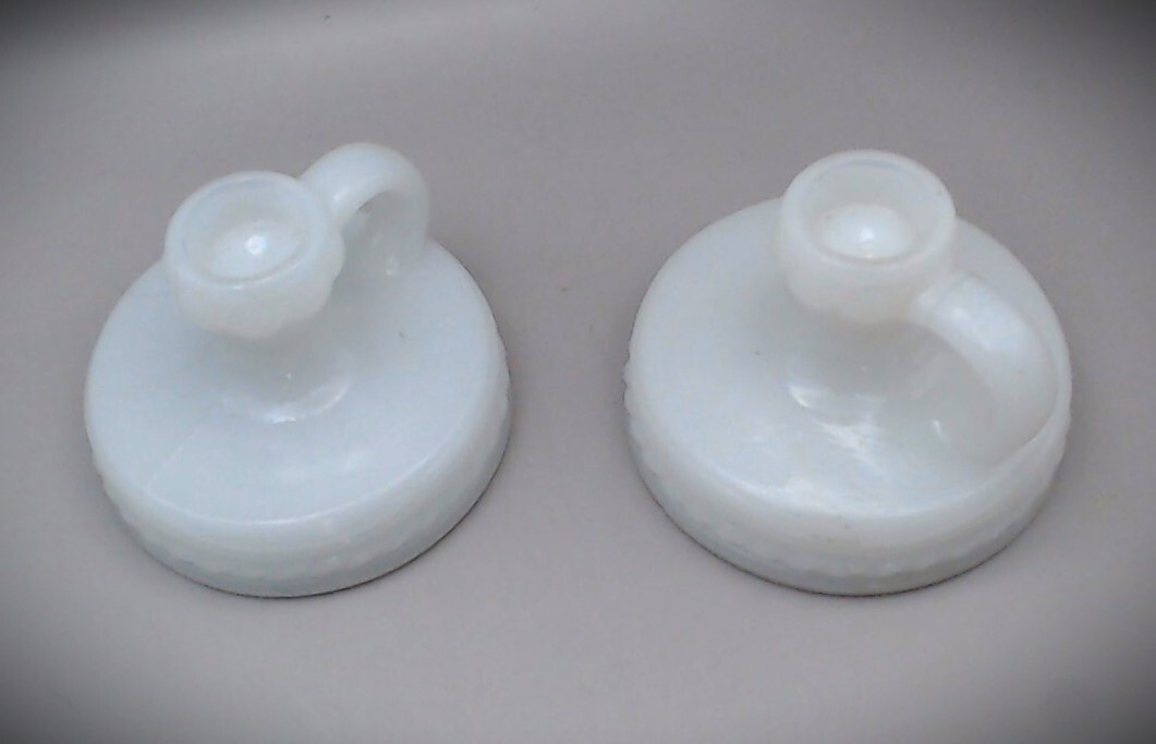 Pair of Akro Agate Milk Glass Candle Holders Chamber Sticks. 2.75″ dia. 2″ tall