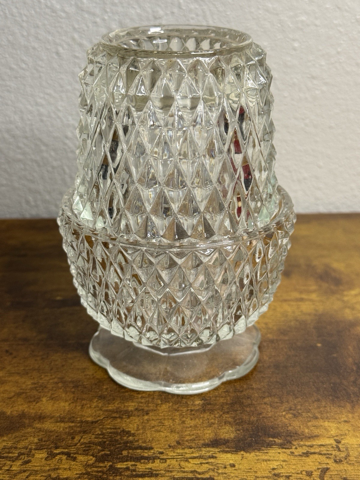Vintage Indiana Glass Diamond Point Fairy Lamp Clear Pressed Glass 1970s