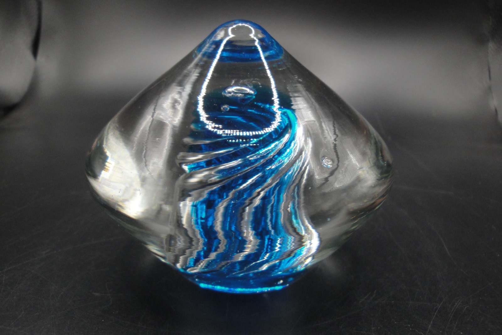 Vintage Hand Blown Studio Art Glass Swirled Paperweight, Encased Blue, U.S.A.