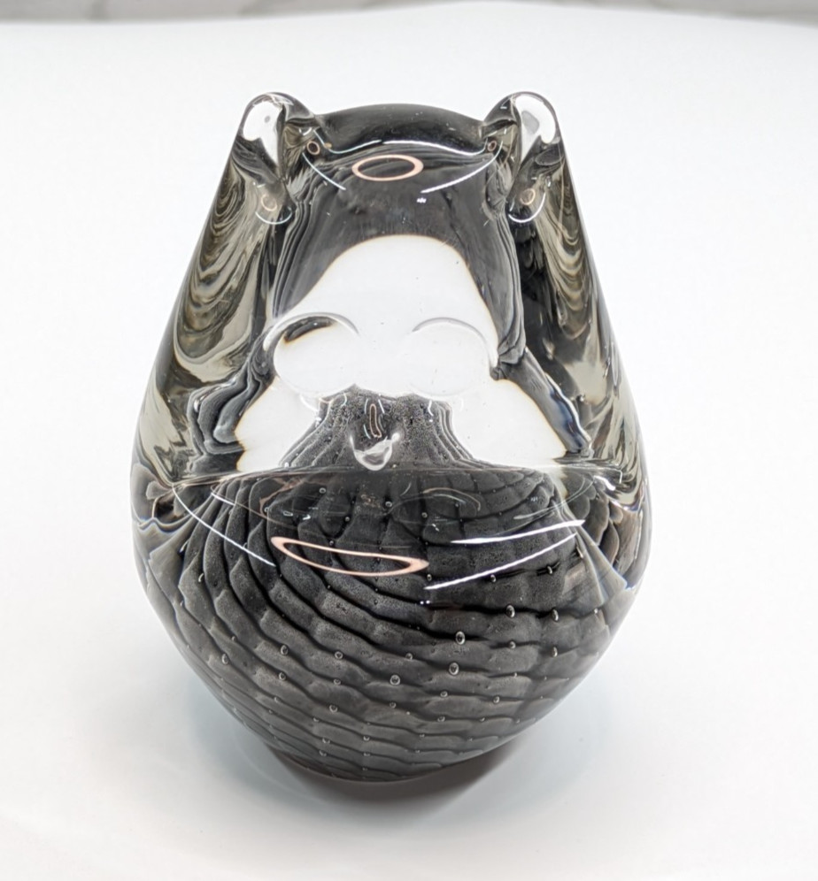 FM Ronneby Clear/Gray Owl Swedish Art Glass Paperweight Figurine 4″ by 3″