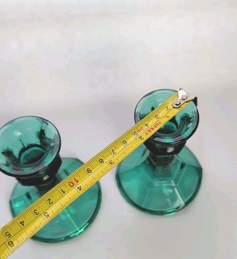 Vintage Pair Indiana Glass Teal Green Glass Candle Stick / Holder 4.5″ tall