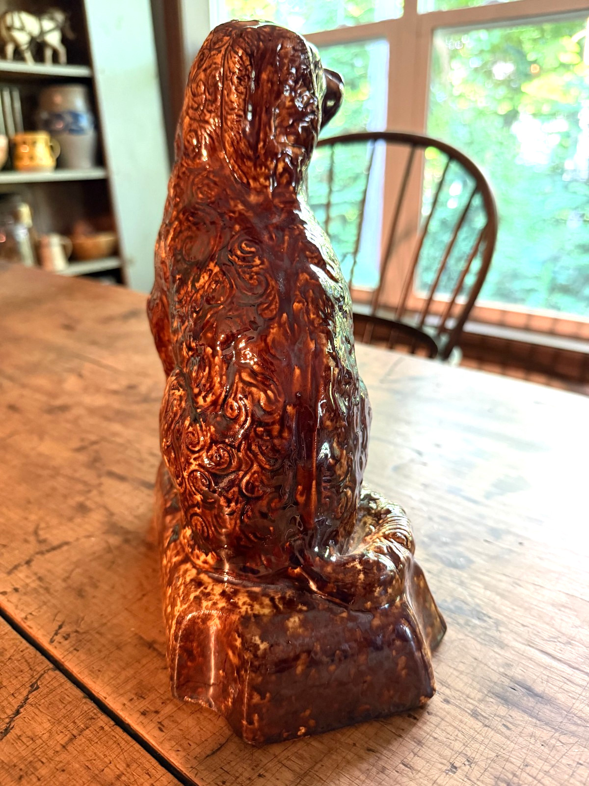 Antique Bennington Rockingham Yellow Ware Pottery Figural Spaniel Dog 11″