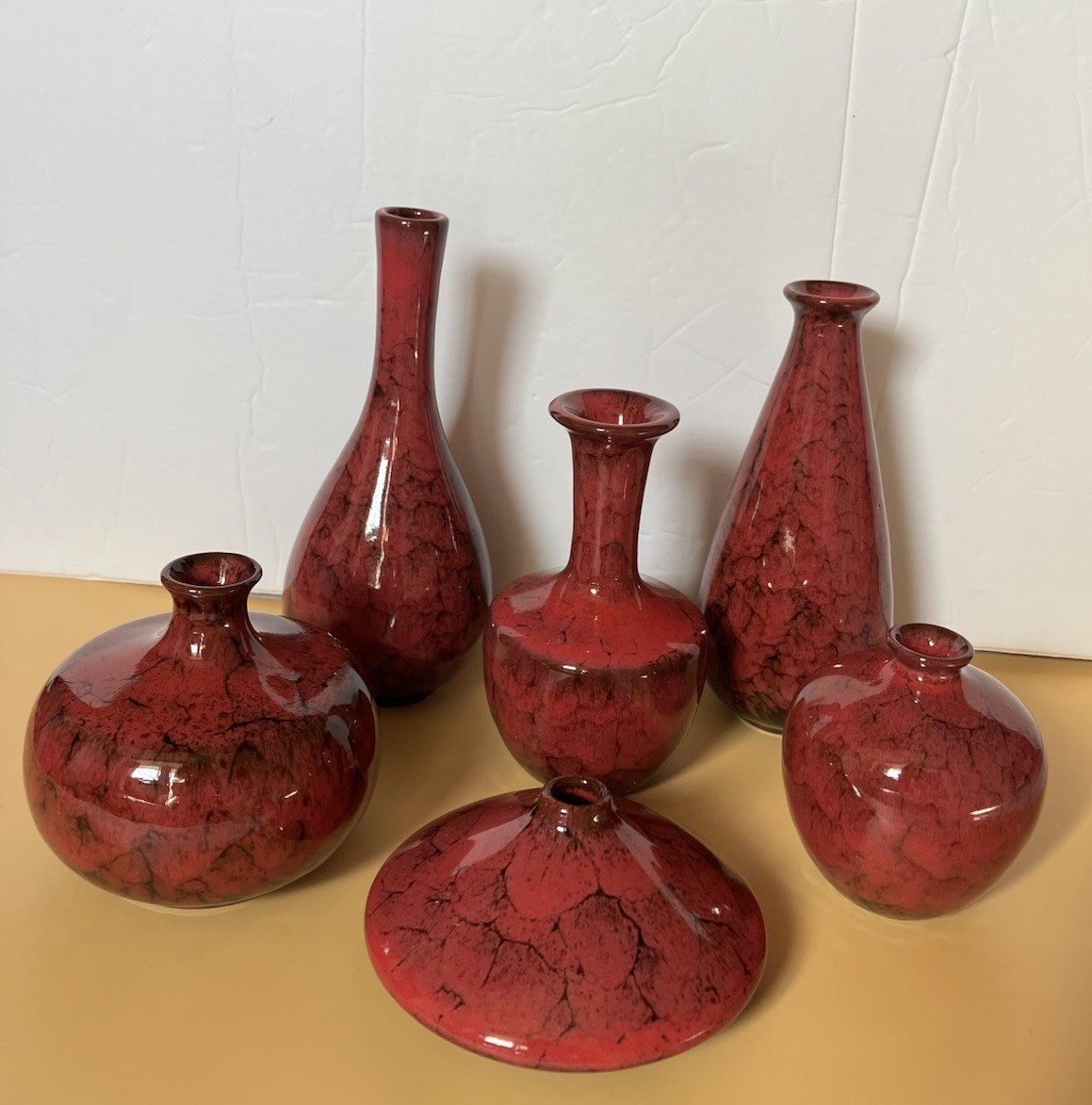 Red And Black Glazed Pottery Small Vases Lot Of 6 Various Sizes And Shapes