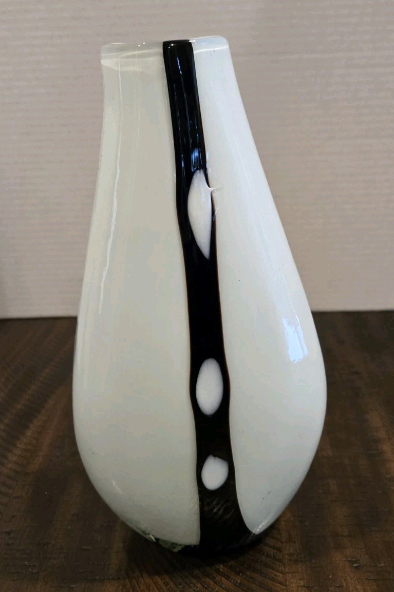 Modern Abstract Glass Blown Art Vase Black And White 10″T