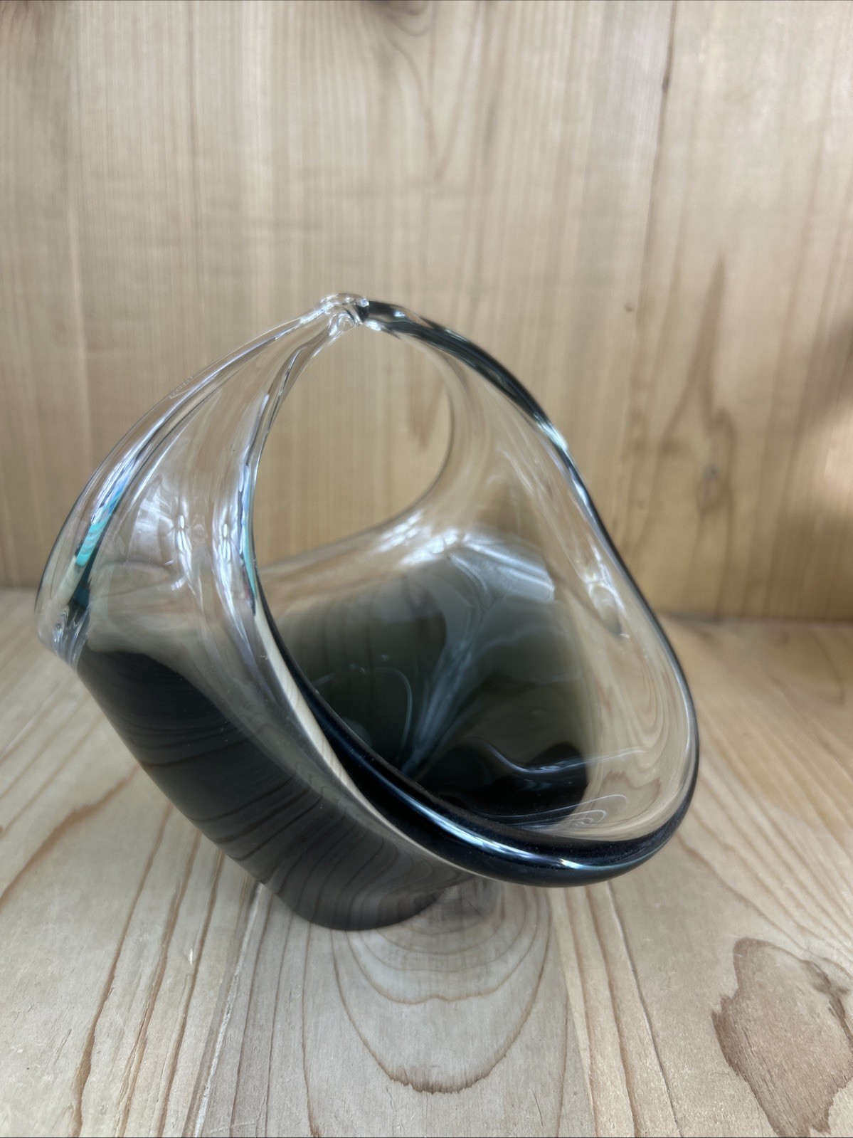 Sweden Art Glass Bowl Smoke Gray and Clear Hyllinge Halsinborg 7″ Sculpture