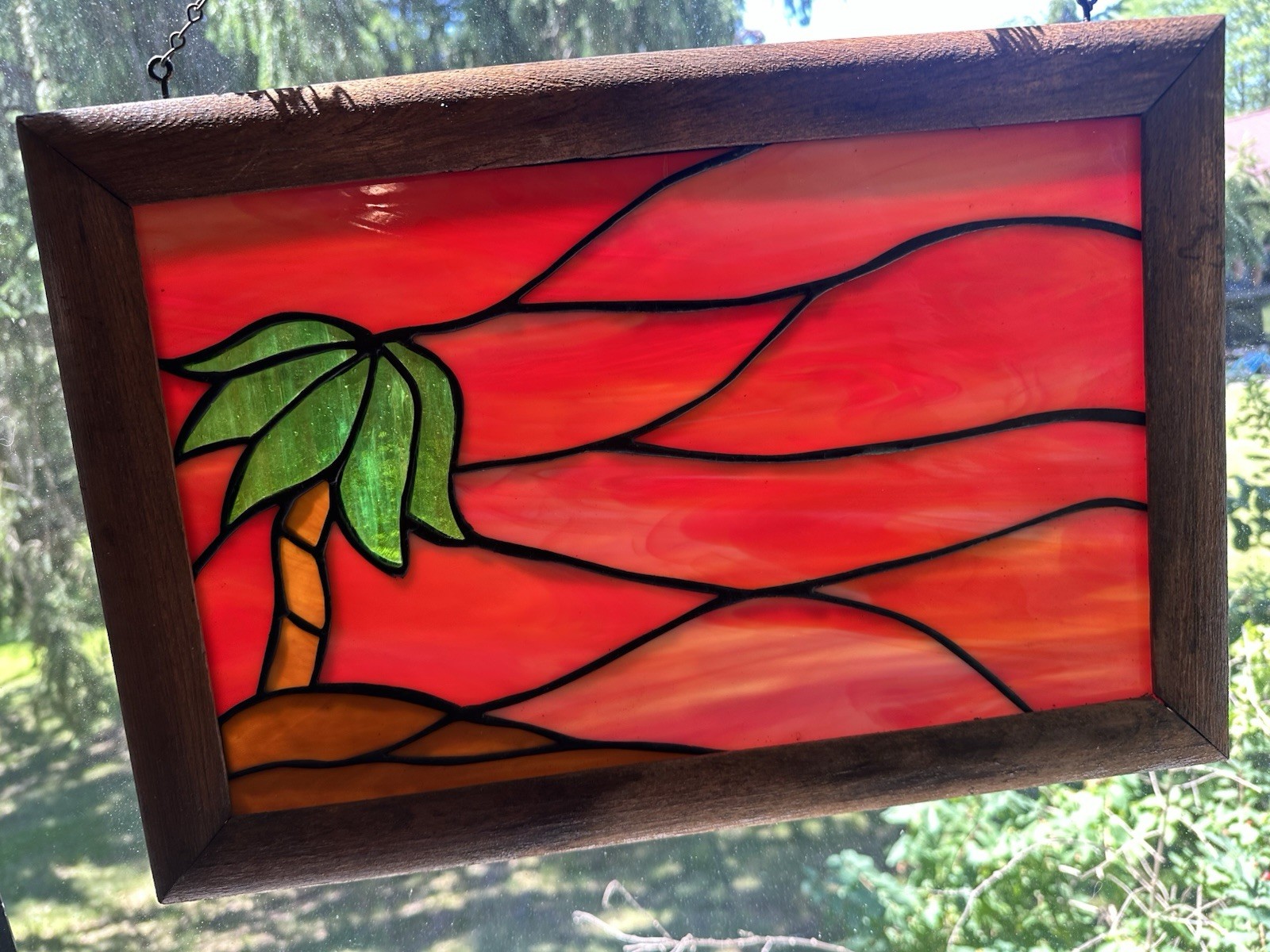 VTG Stained Glass Sunrise Sunset Sun Stained Glass Suncatcher Orange Palm Tree