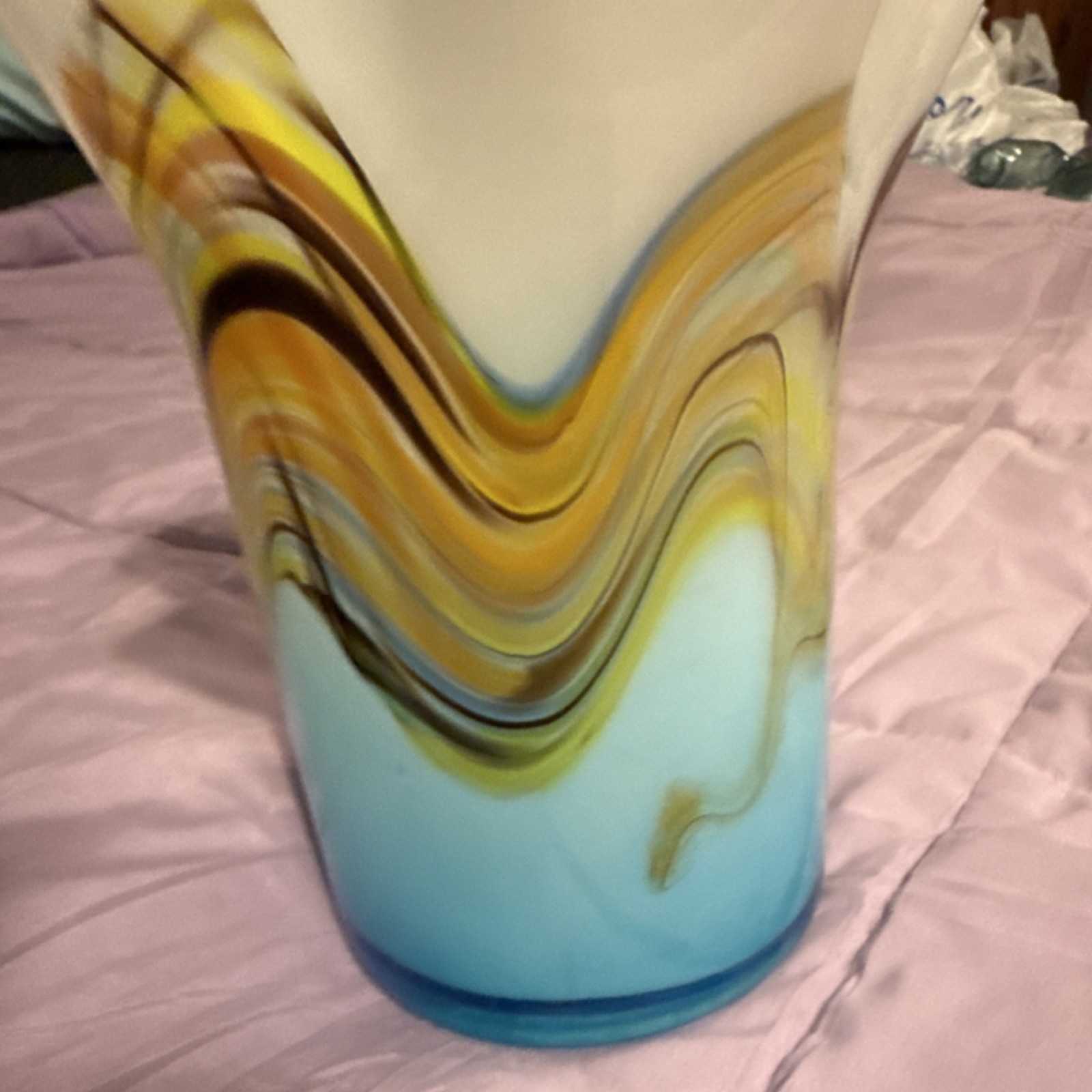 Handmade Art Glass Vase Blue White Yellow Brown Swirl Pattern Decorative Glossy