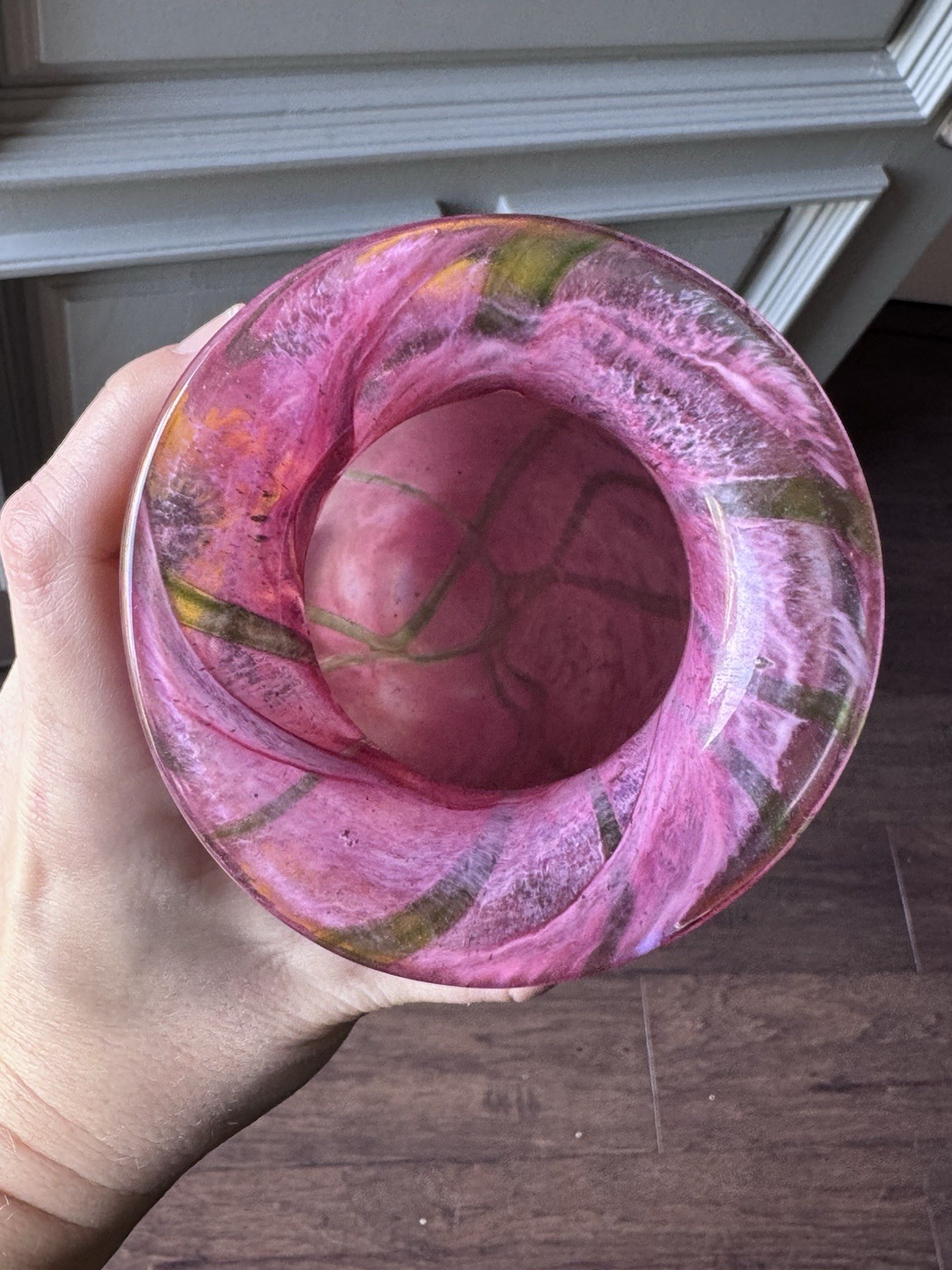 Eickholt Glass Vase Pink Yellow Sunflowers Handmade 10” Signed 1996